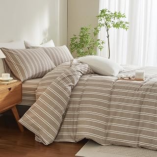 Duvet Cover King Size Brow White Striped Duvet Cover Set Washed Cotton Linen Feel Chic Bedding Set for All Seasons Breathable Durable Textured (Wide Striped QZBT)