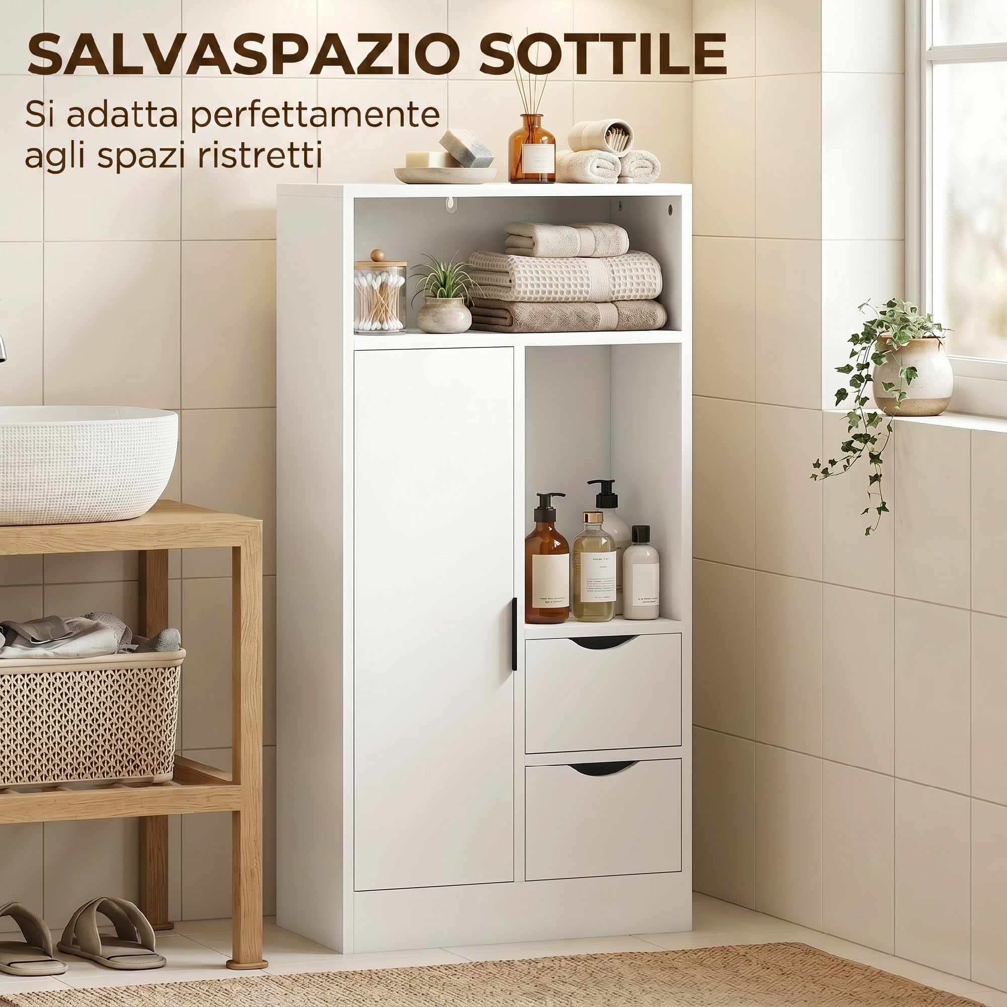 HOMCOM Mobiletto Bagno Salvaspazio Slim 50x25x100 cm Bianco | Mobile Bagno con 2 Cassetti, Ripiani Regolabili a 3 Livelli e Armadietto, Stile Nordico