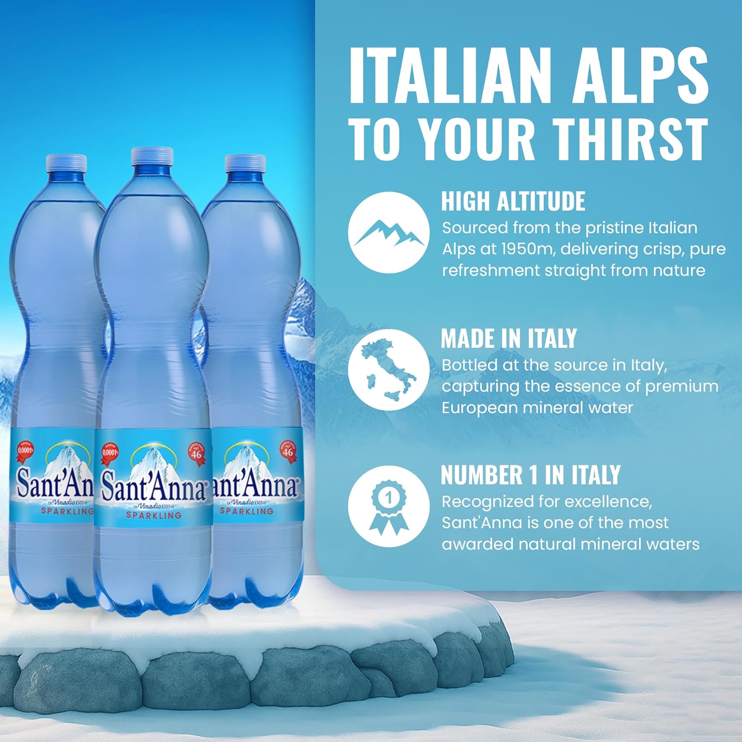 Sant'Anna Sparkling Natural Mineral Water, 50.7 Fl Oz (6-Pack) | Pure Italian Alps Mountain-Fresh Drinking Water | Natural Functional Drink | Sodium-Free Mineral in BPA-Free Bottles