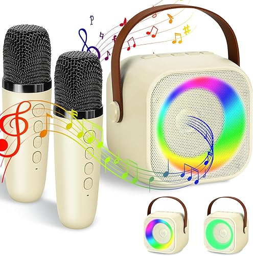 POIUNA - Máquina de karaoke para niños y adultos, máquina de karaoke Bluetooth con dos micrófonos inalámbricos con luces coloridas para niños y