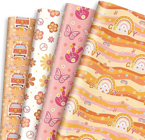 Whaline 12 hojas de papel de regalo hippie Groovy de 4 estilos, diseño bohemio de margaritas arco iris, papel de embalaje retro Groovy DIY para