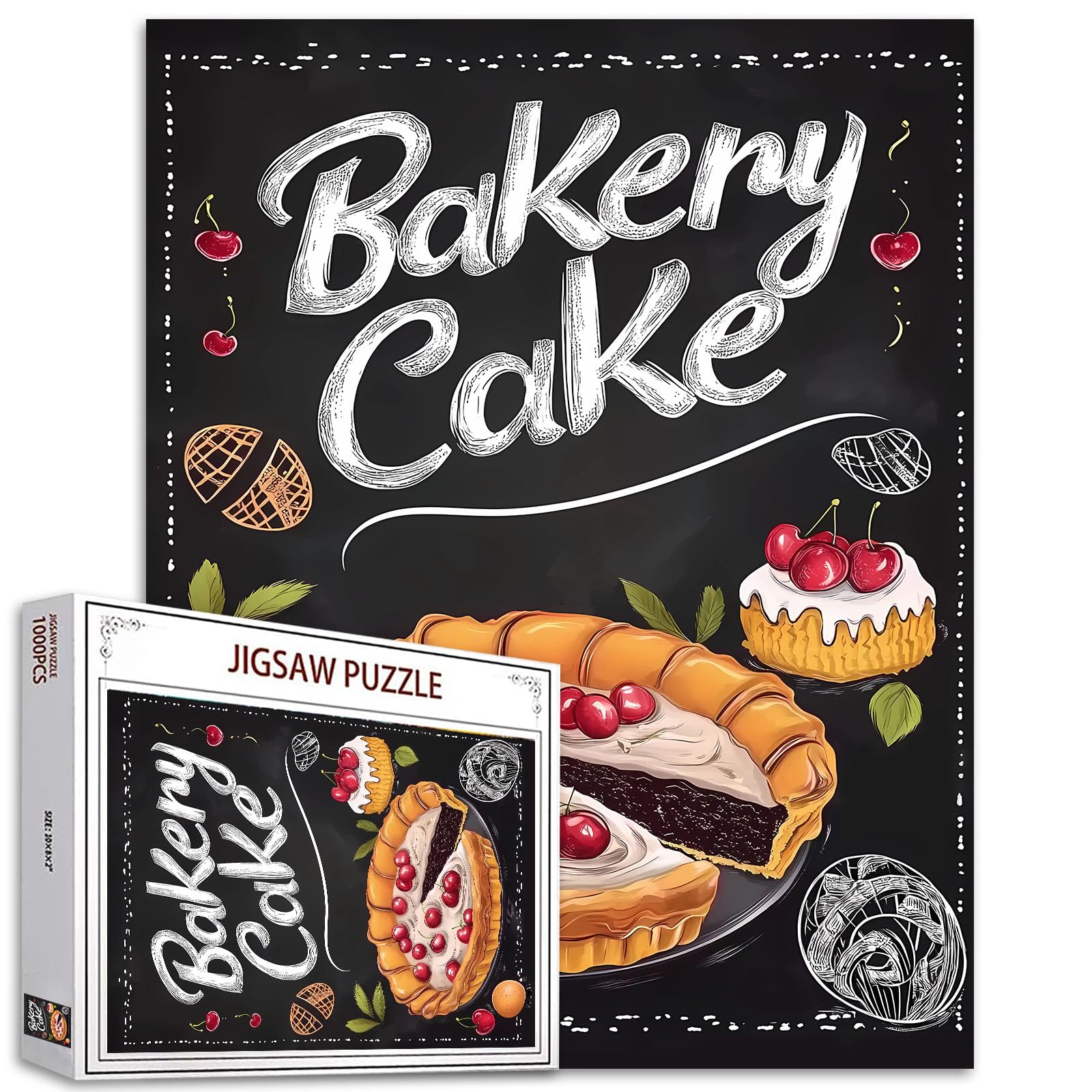 1000 Piece Jigsaw Puzzles for Adults Pastries on Chalkboard Jigsaw Puzzle Dessert Shop Bakery Cake Poster 1000 Pieces Puzzles for Challenging Family Activity Game Wall Decor DIY Puzzle