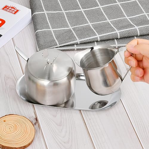 Miniatura 5 de Juego de azúcar y crema, juego de servir de café, taza de leche con leche de acero inoxidable, jarra de crema y azucarero con tapa y bandeja de