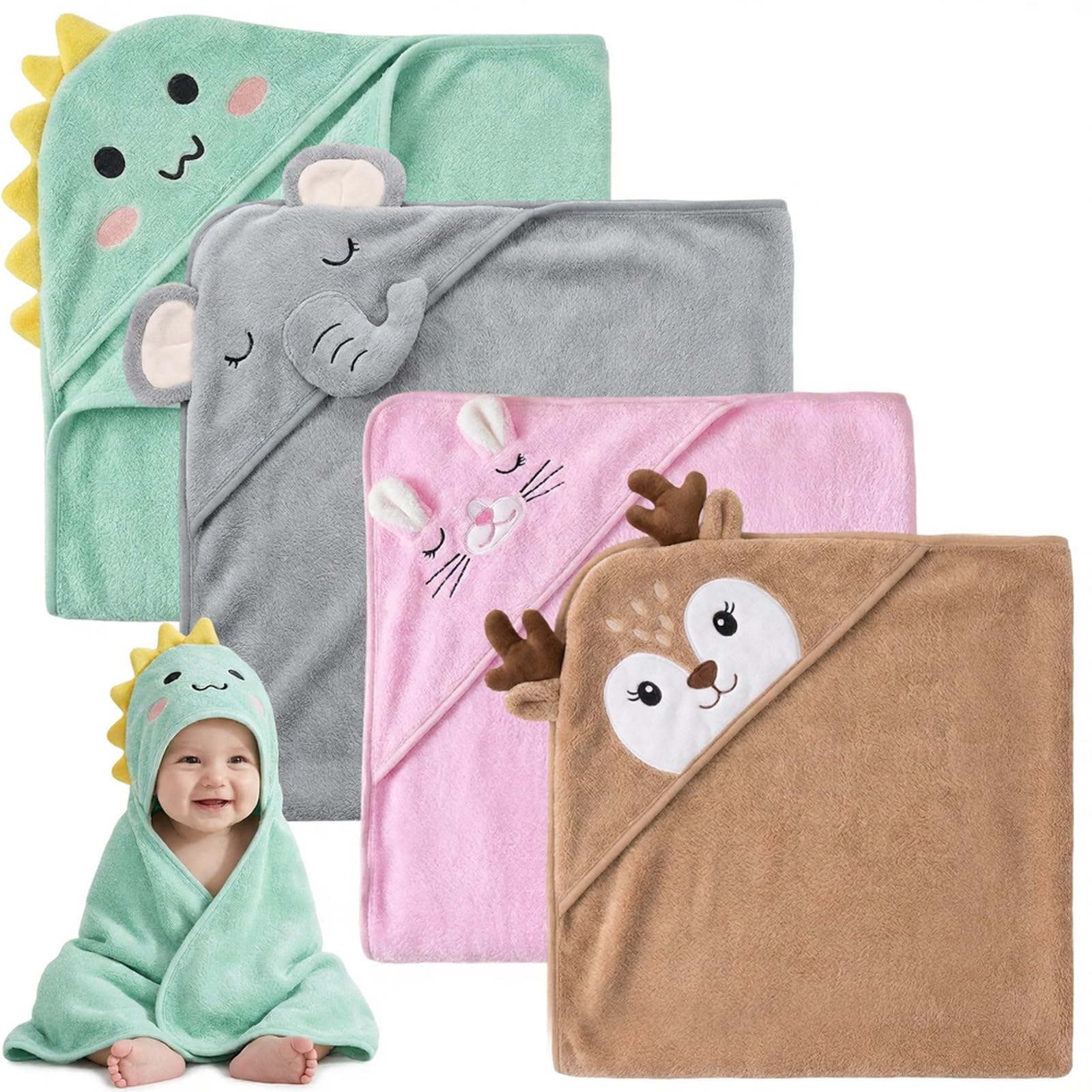 JTOOYS 4 Pack Hooded Baby Towel - 80x80CM Soft Bath Towel Bathtub Ultra Absorbent Baby Bath Towels Natural Baby Stuff Towel for Baby Infant Newborn Boy Girl(Green Gray Pink Camel)