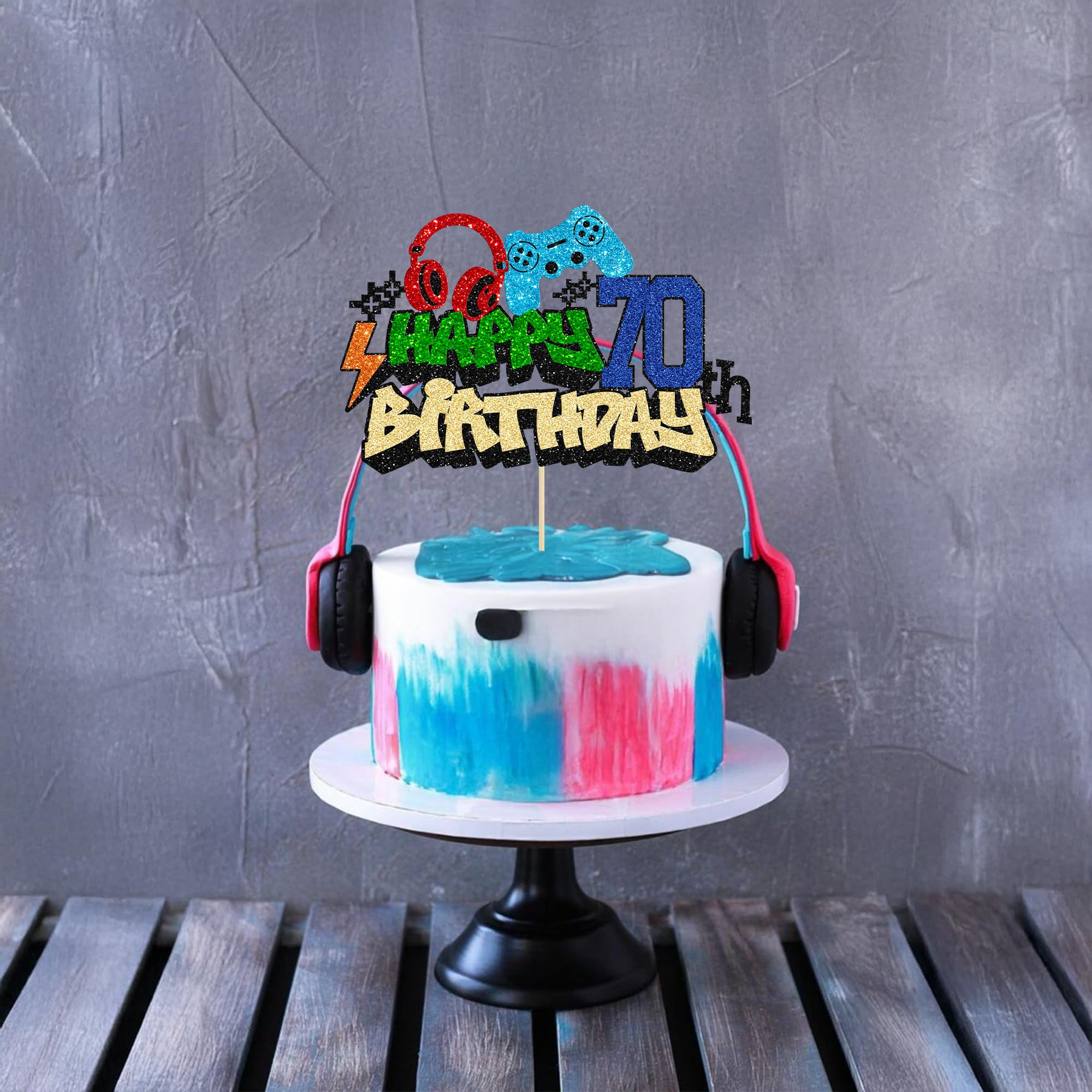 Gyufise 1Pcs Happy 70th Birthday Cake Topper Glitter Video Game Cake Pick Game On Controllers Eighteen Cheers to 18 Years Cake Decoration for Game Theme Happy 70th Birthday Party Supplies 4
