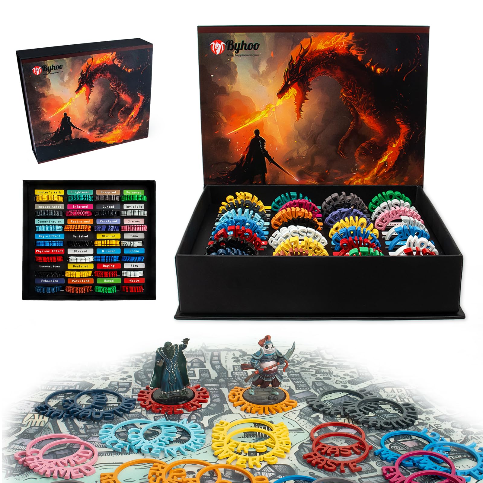 Byhoo Metal DND Condition Rings 112 PCS in 28 Markers, DND Miniatures Status Effect Rings with Storage Box, Excellent Gift for Dungeon and Dragons and TTRPG Fans