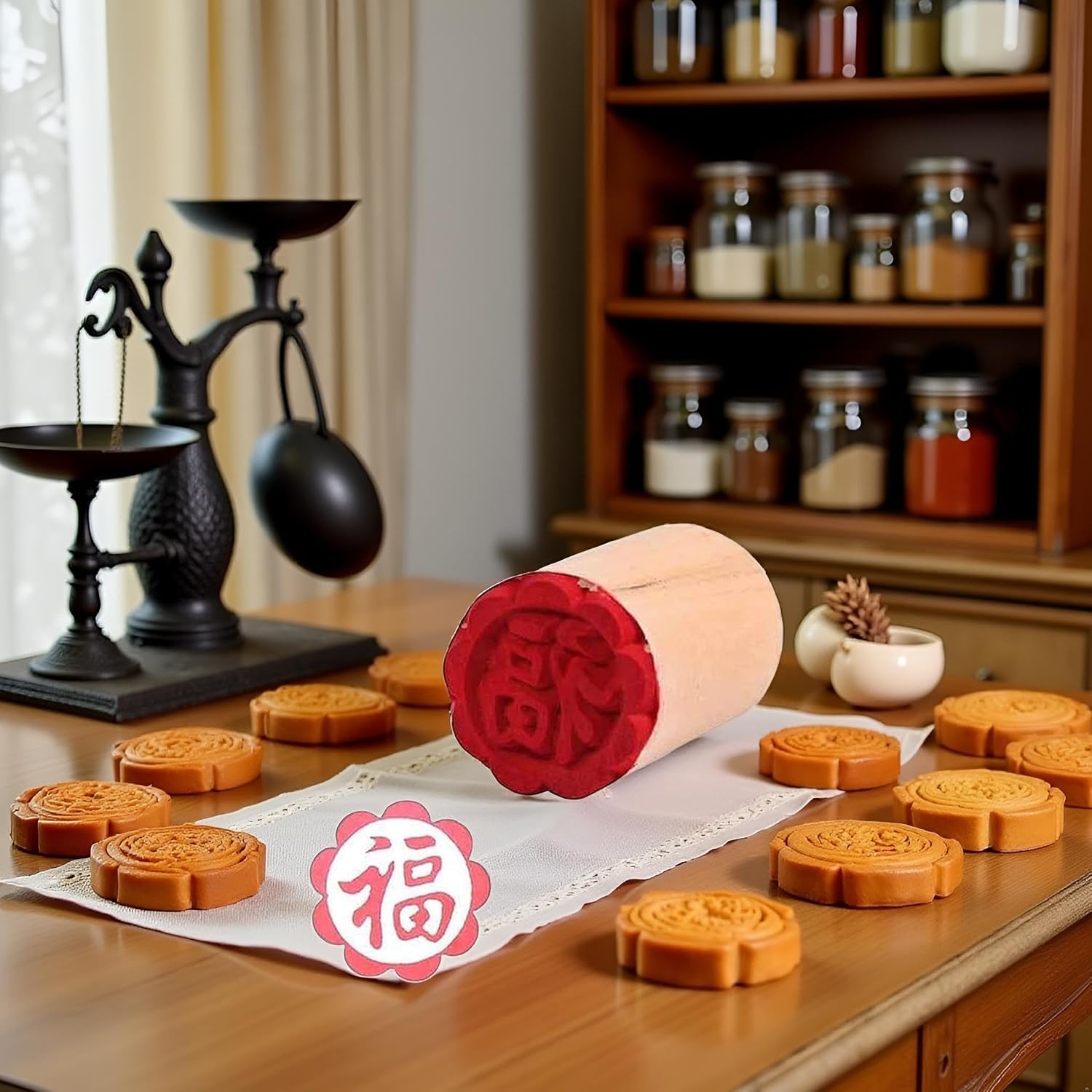 Wooden Cookie Molds Stamps Hand Pressure Cake Maker Mold Traditional Chinese Moon Cake Stamps Manual Round Wooden Dessert Seal Cookie Cutters Custard Cream Cookie Stamp，Baking Tools and Accessories