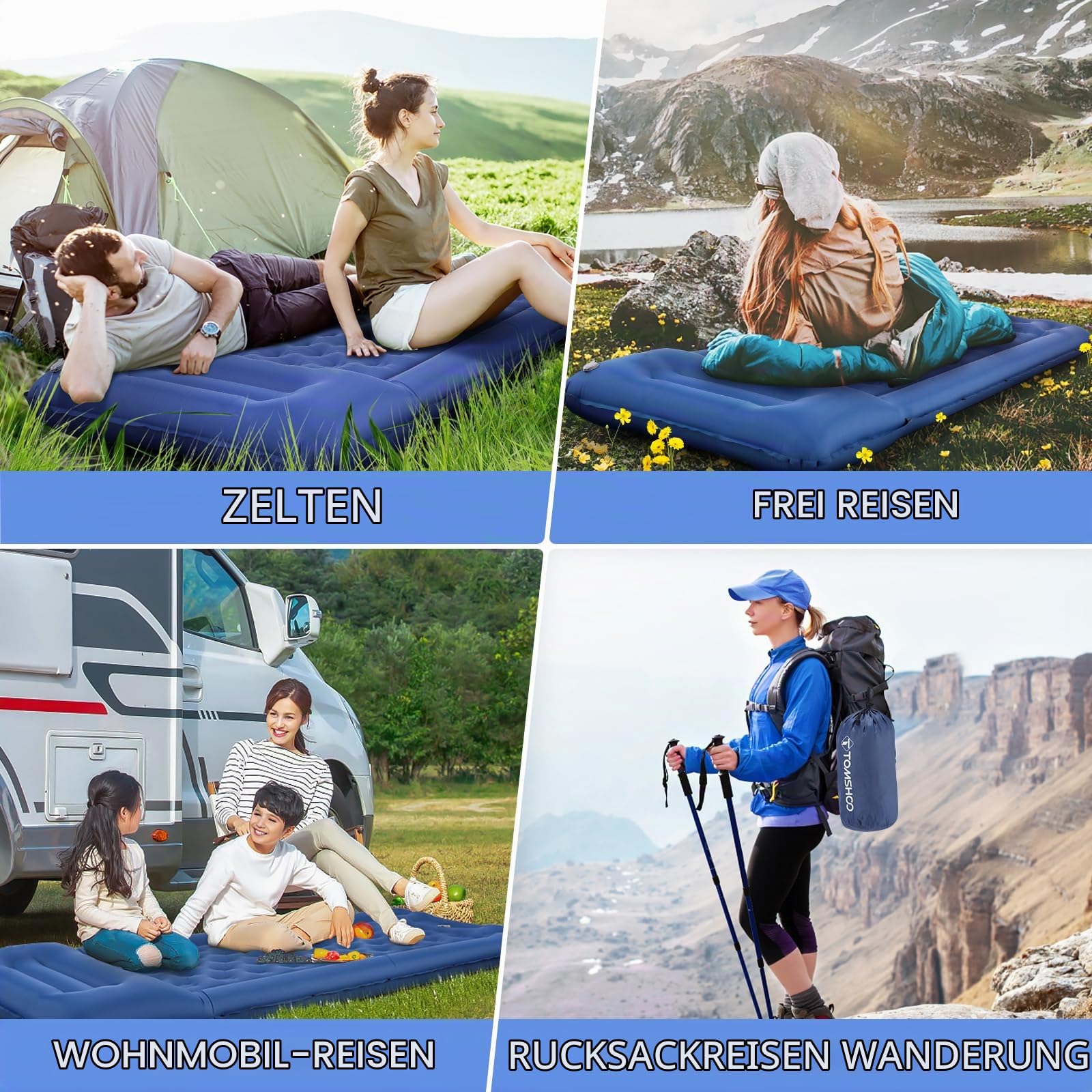 TOMSHOO Isomatte Camping Outdoor, Aufblasbare Luftmatratze Matratze mit Integrierten Fußpresse Pumpe, Kissen, Karabiners, Aufbewahrungstasche, Campingmatrazen Schlafmatte, Farbe Blau