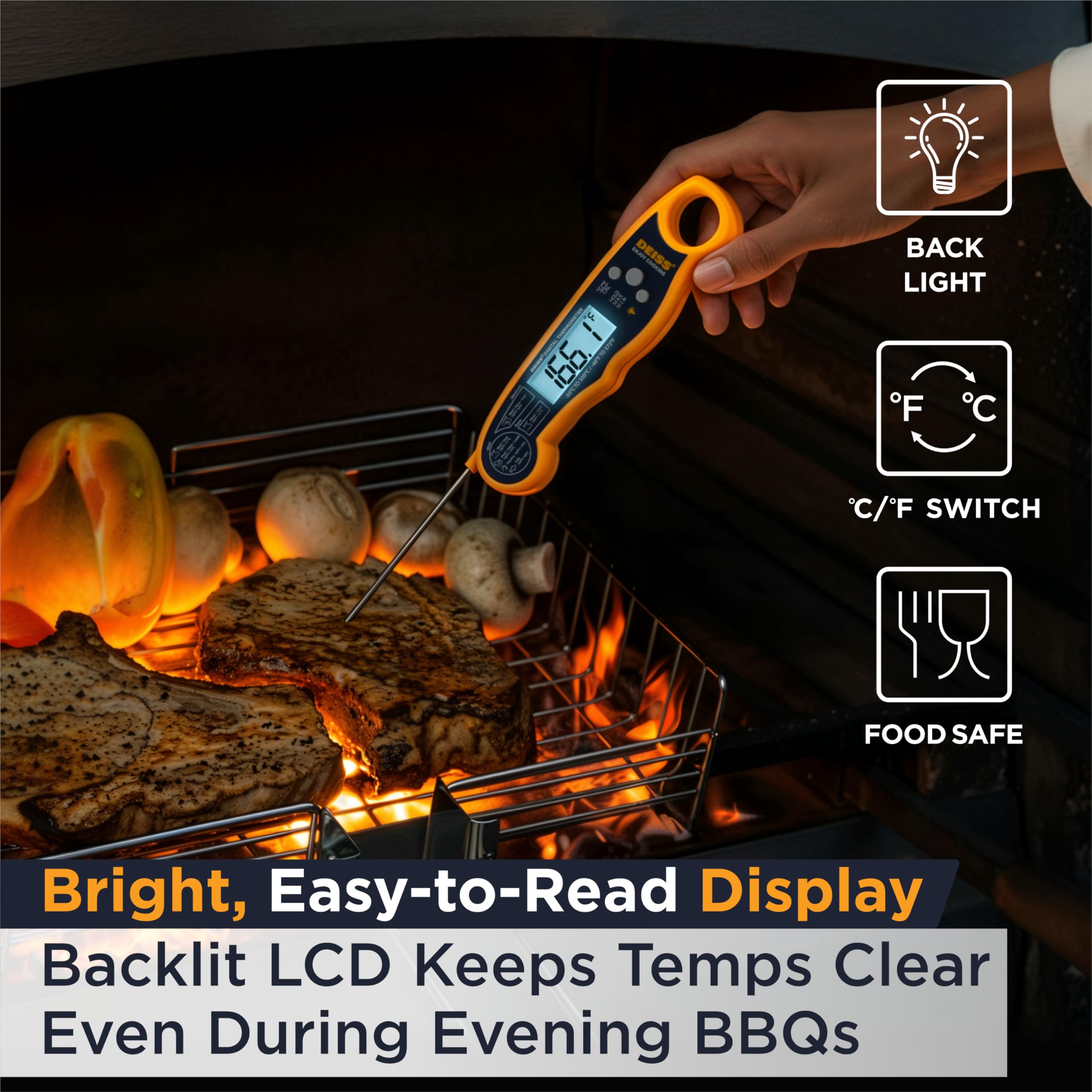 Deiss Pro Termómetro de Cocina – Termómetro para Carne Digital - Lecturas Ultra Rápidas y Precisas con Pantalla Retroiluminada, Función de Memoria y Calibración