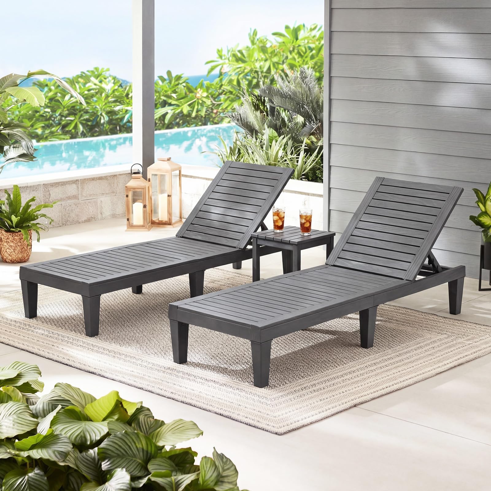 GIANTEX Sonnenliege Gartenliege Holzoptik, Relaxliege Kunststoff Liege mit 5-stufig Verstellbarer Rückenlehne, Terrassenliege Strandliege bis 180 kg belastbar, Liegestuhl 190x57,5x29 cm (Grau,2) Garten