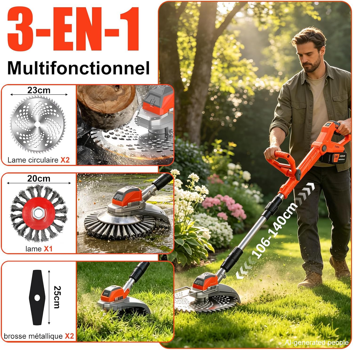 Debroussailleuse Electrique sans Fil, 21V Coupe Bordure sans Fil avec Batterie, Batterie Debrouissalleuses avec 3 Lames, Débroussailleuse Rétractable Convient Aux Jardins et Aux Pel (Rouge-1)