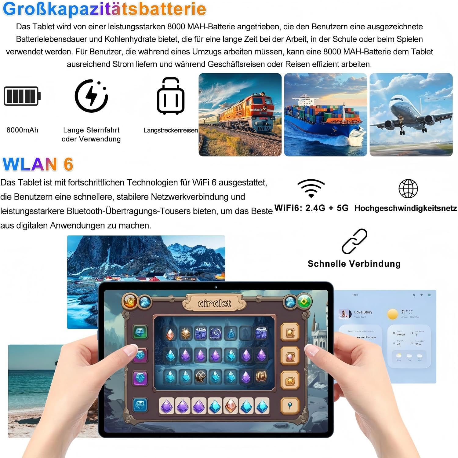 fezawio Android 14 Tablet 10 pollici 22 GB RAM + 128 GB ROM Octa-Core Tablet 5G WiFi, con tastiera mouse, 8000 mAh, (1TB TF) con collina-blu