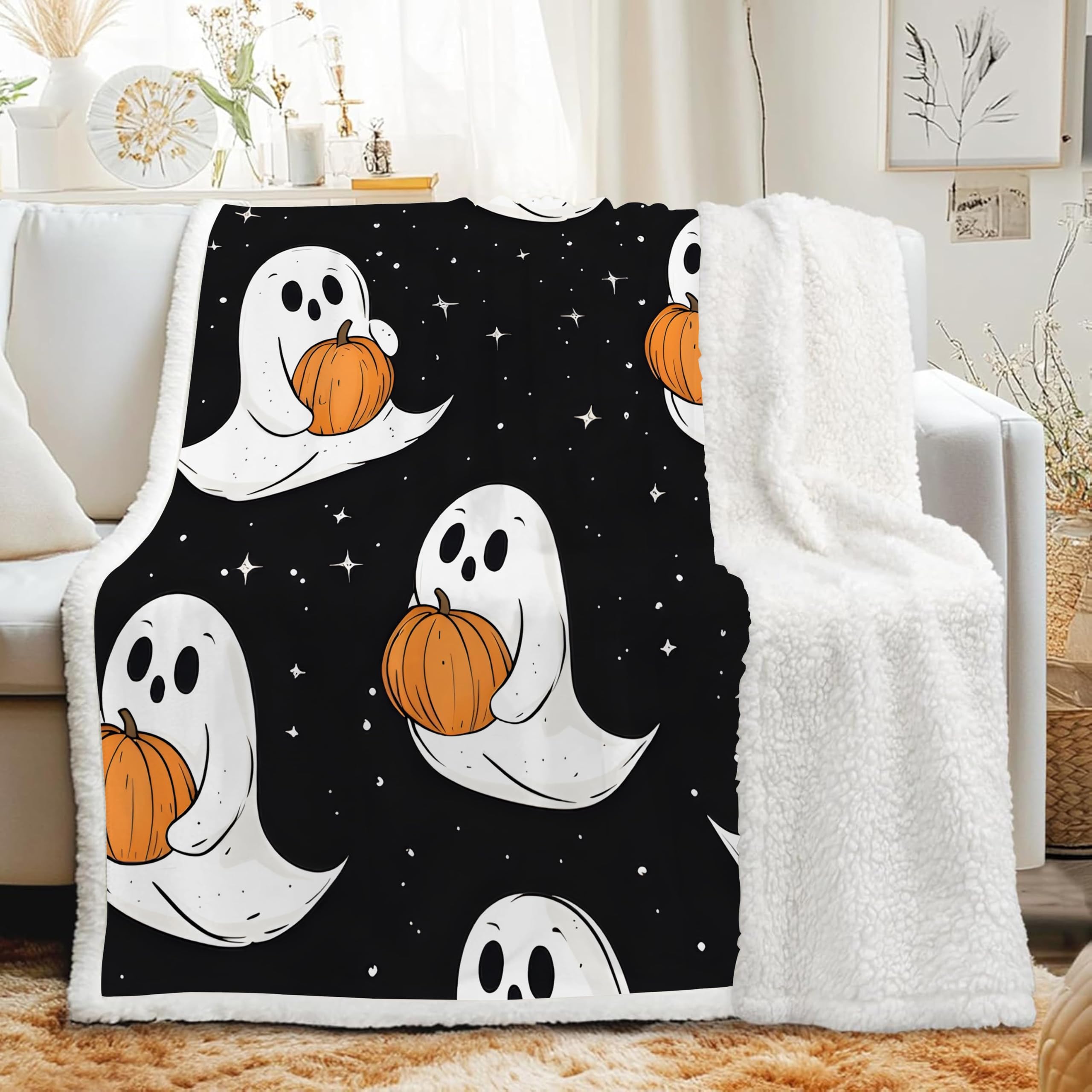 Plaid hiver pour lit 1 personne couverture sherpa citrouille
