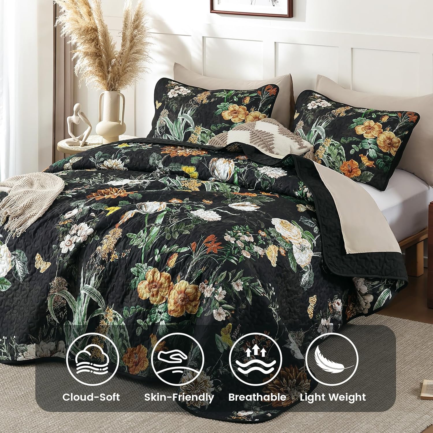Anibedding Floral Quilt Set King Size, 3Pieces Black Microfiber Lightweight Besspread for Bedroom Living Room All Season Use - Image 3