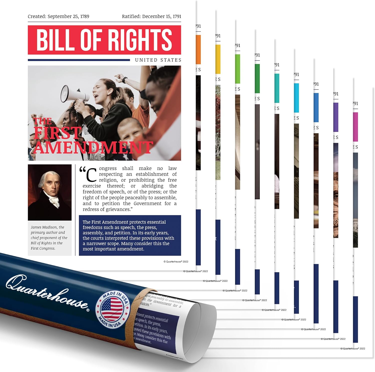 Quarterhouse 10 Poster Bill of Rights Set, Social Studies Classroom Learning Materials for K-12 Students and Teachers, 12 x 18 Inches, Made in USA