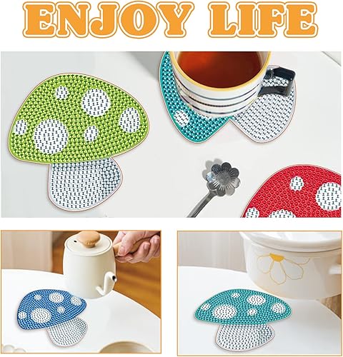 Miniatura 6 de pigpigboss 6 posavasos de pintura de diamante en forma de hongo con soporte colorido de hongos de pintura de diamante, kits de posavasos de pintura