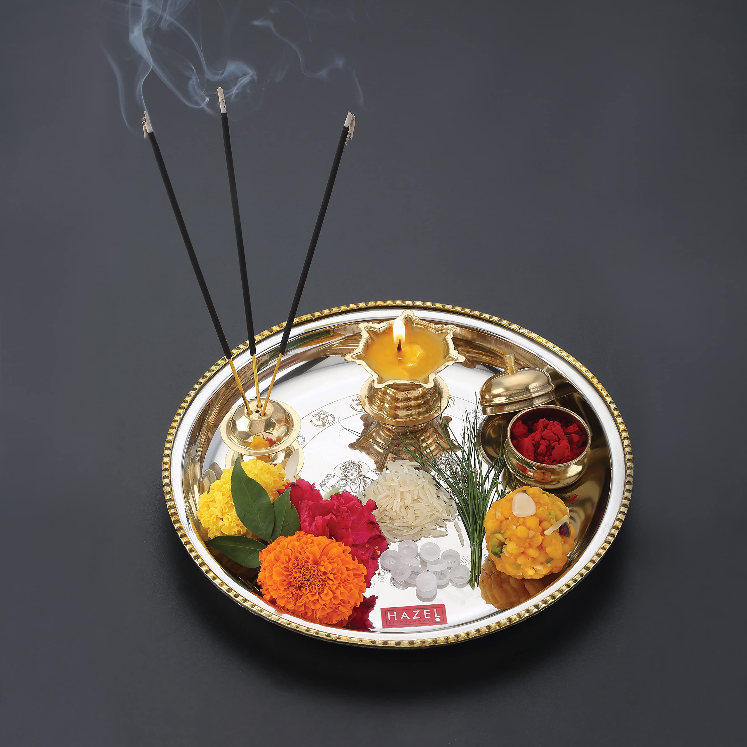 HAZEL Stainless Steel Puja Pooja Aarti Thali Set | 22 cm with 1 Pc Diva | Agarbatti Incense Holder and Kumkum Wati