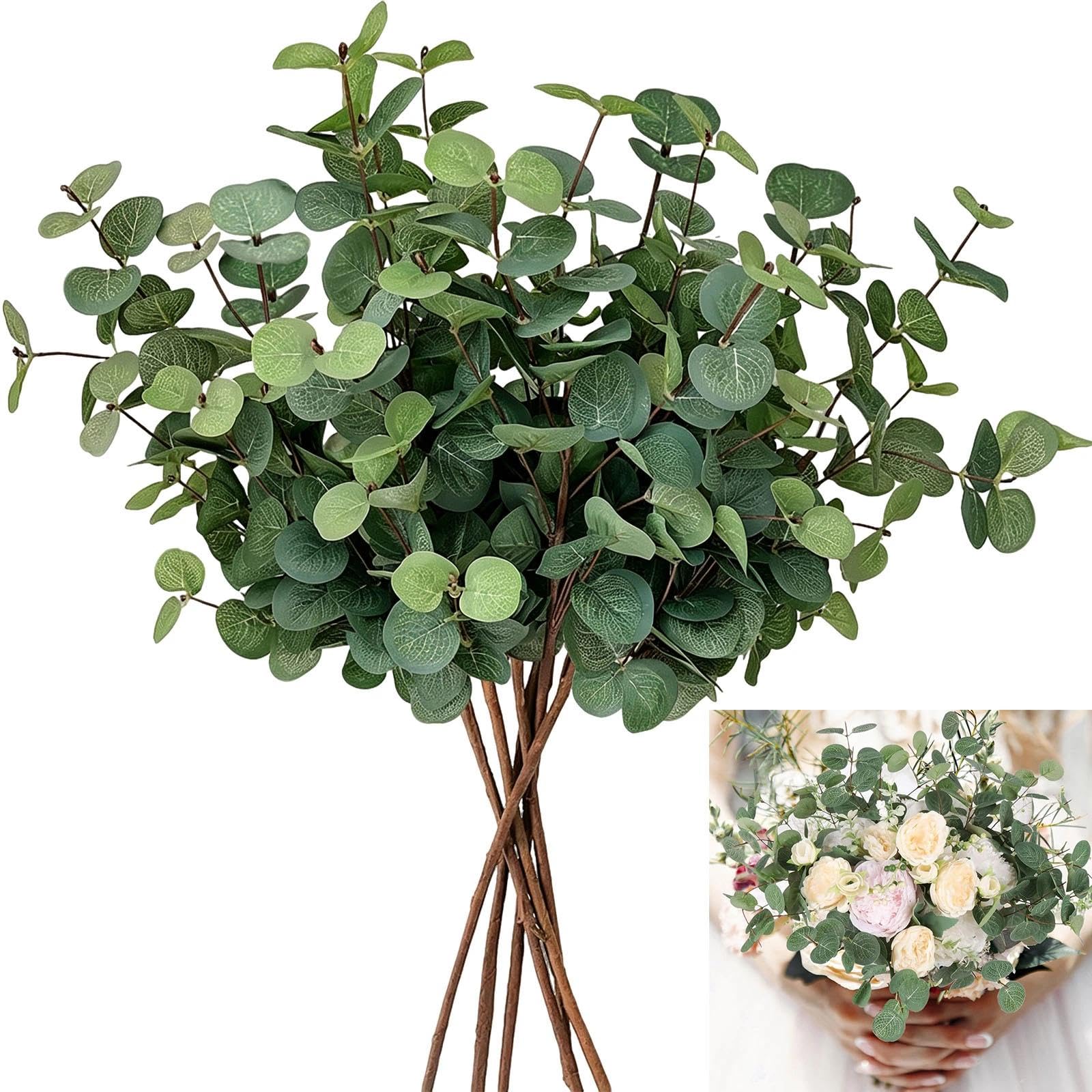 Plumaire 6Pcs Artificial Eucalyptus Stems, Fake Flowers, Artificial Greenery Foliage, Natural Looking Artificial Foliage Eucalyptus Stems for Home Vase Decor