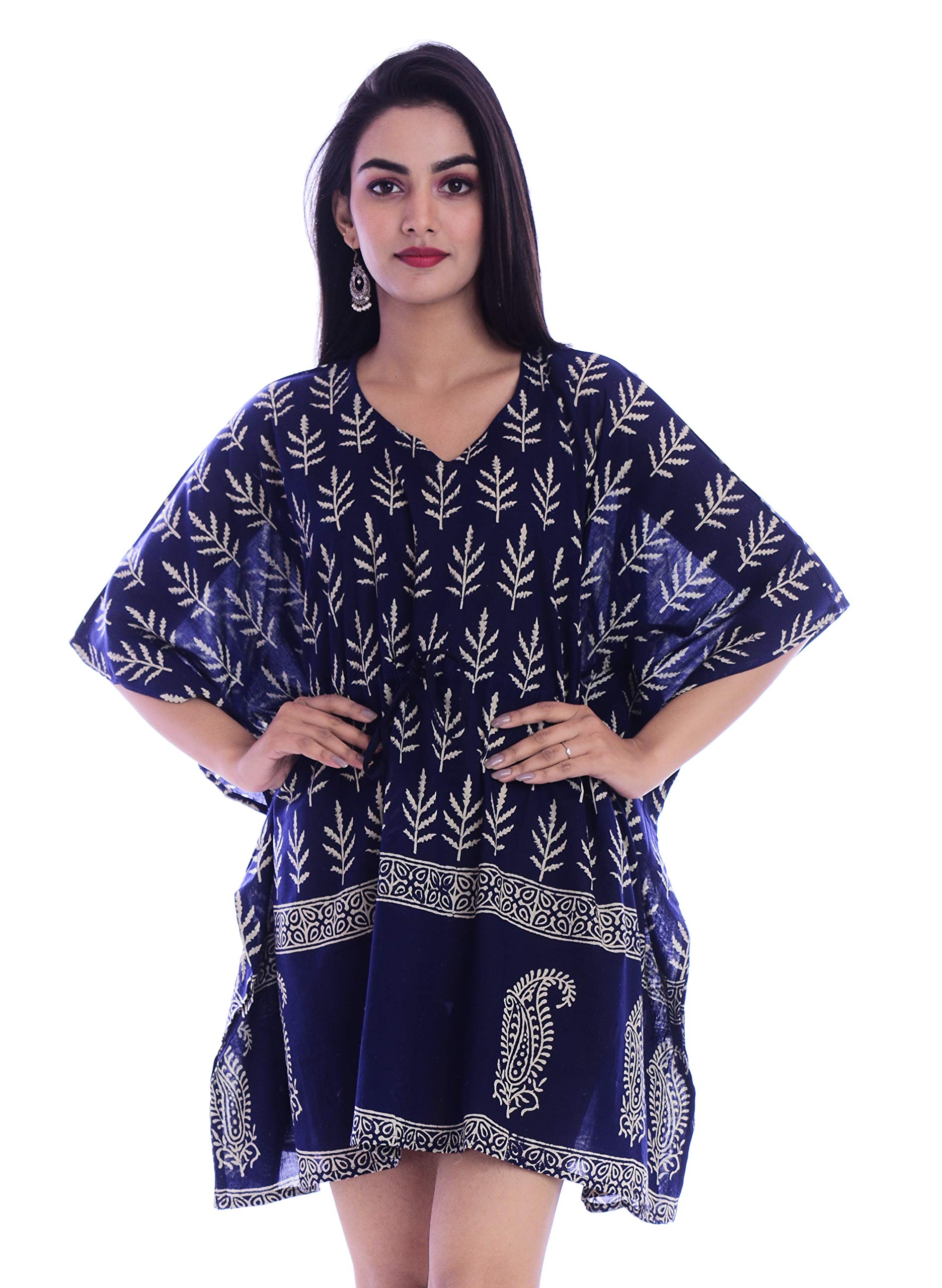 Ravaiyaa - Attitude is everything Women's Cotton Block Print Above Knee Kaftan (KS-93-107_Blue & White)