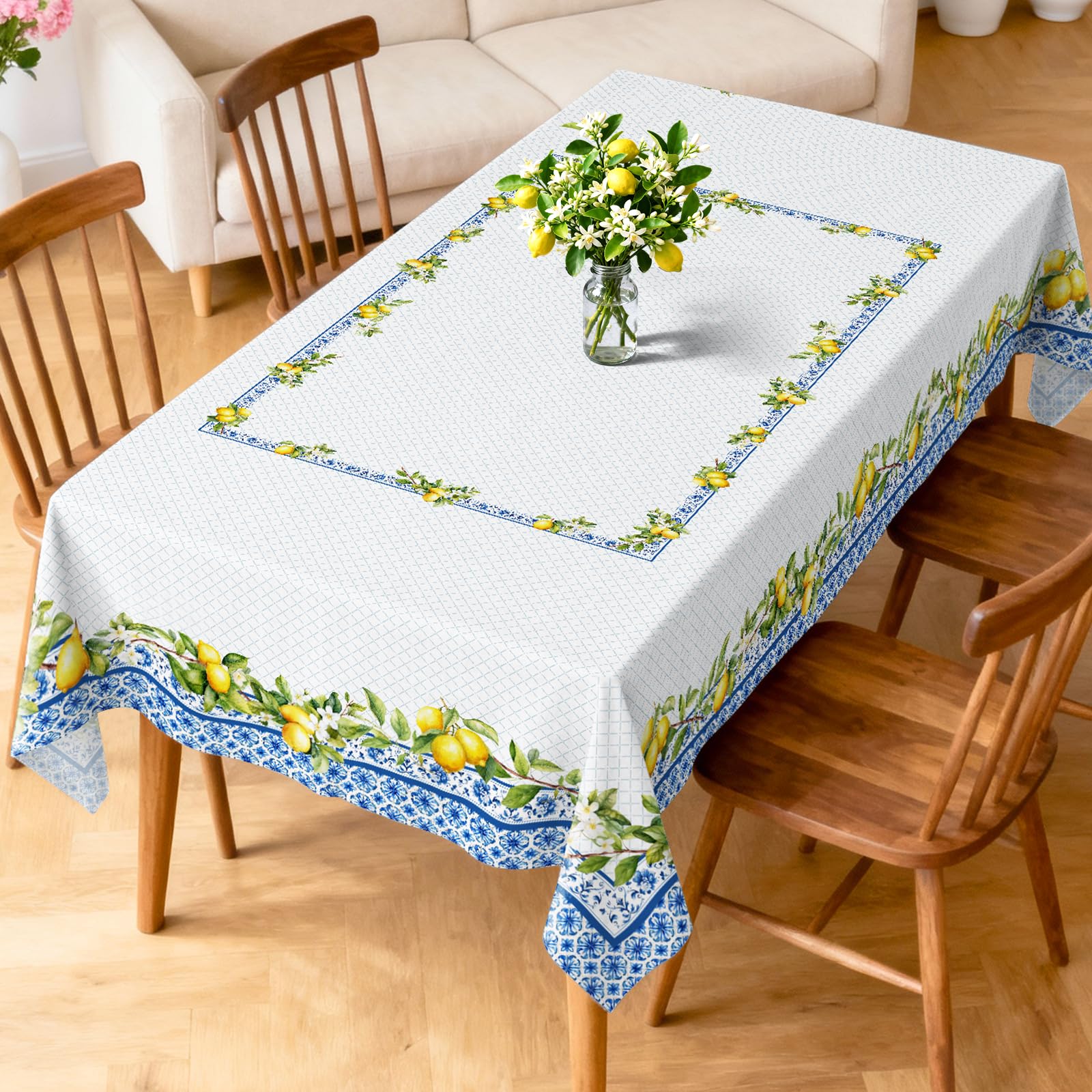 Tovaglia Rettangolare Floreale, Tovaglie Limone Antimacchia Floreale Impermeabile, Copritavolo Stampato Lavabile Tessuto Per Ristorante Primavera Estate Cucina Decorazione (152x304 Cm)