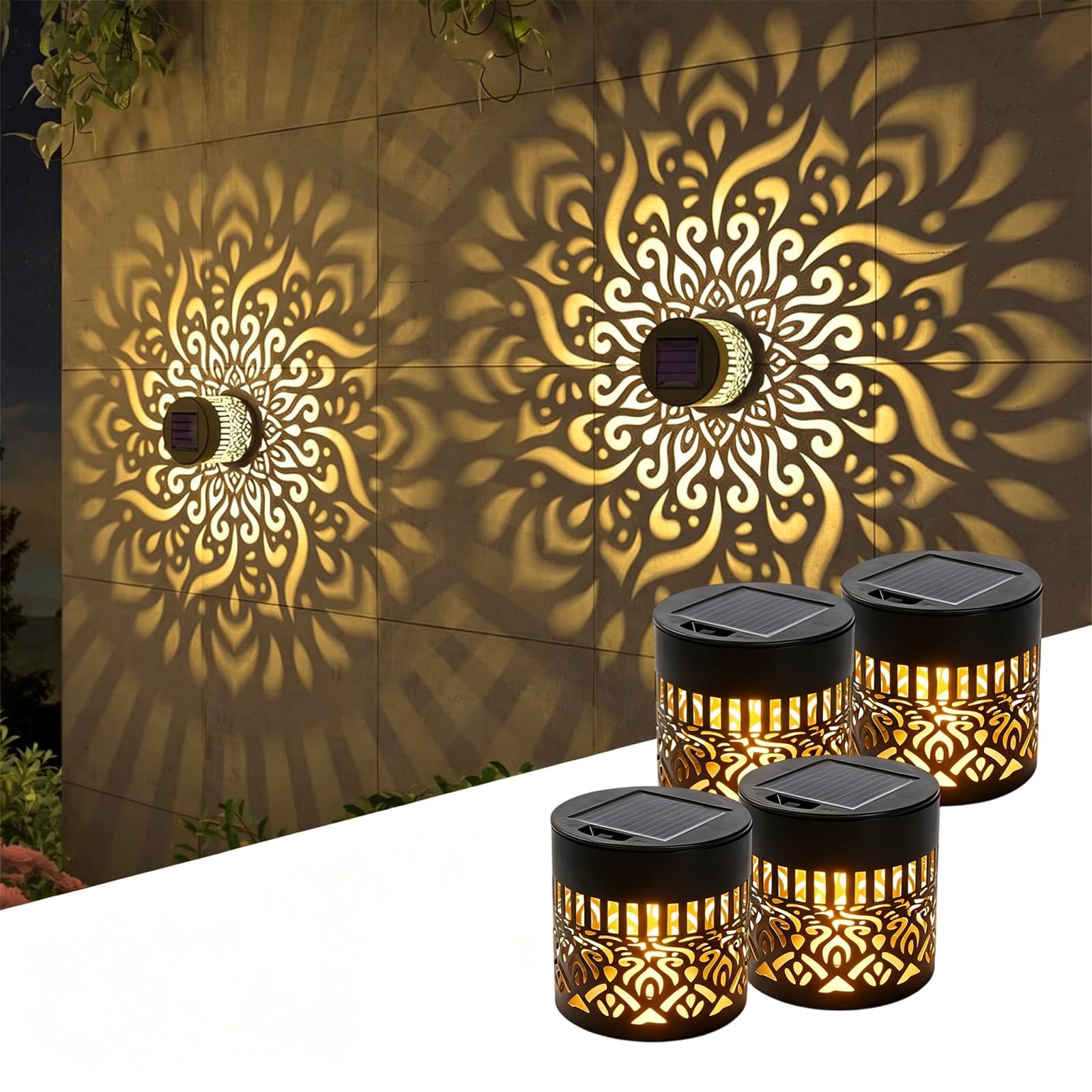 ELMVAR Solar Mandala Wall Light, 2026 New Solar Mandala Lights Outdoor, Waterproof Fence Light, Shadow Projection Landscape Lighting for Garden Post Patio Backyard Yard Decor (Peony*4)