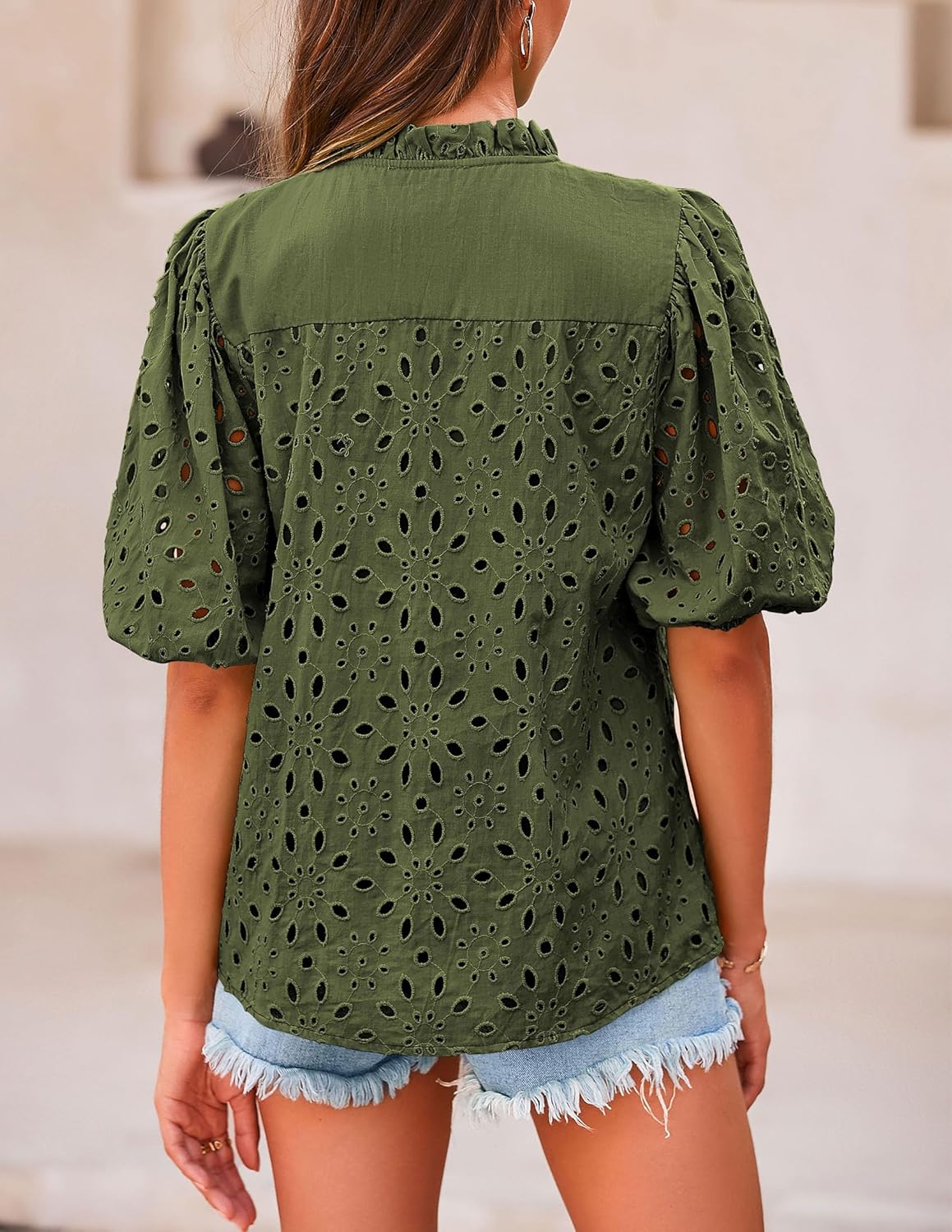 PRETTYGARDEN Women's Summer Tops 2026 Dressy Casual Short Sleeve V Neck Buttons Hollow Eyelet Lace Embroidered Blouses Shirts - Image 2