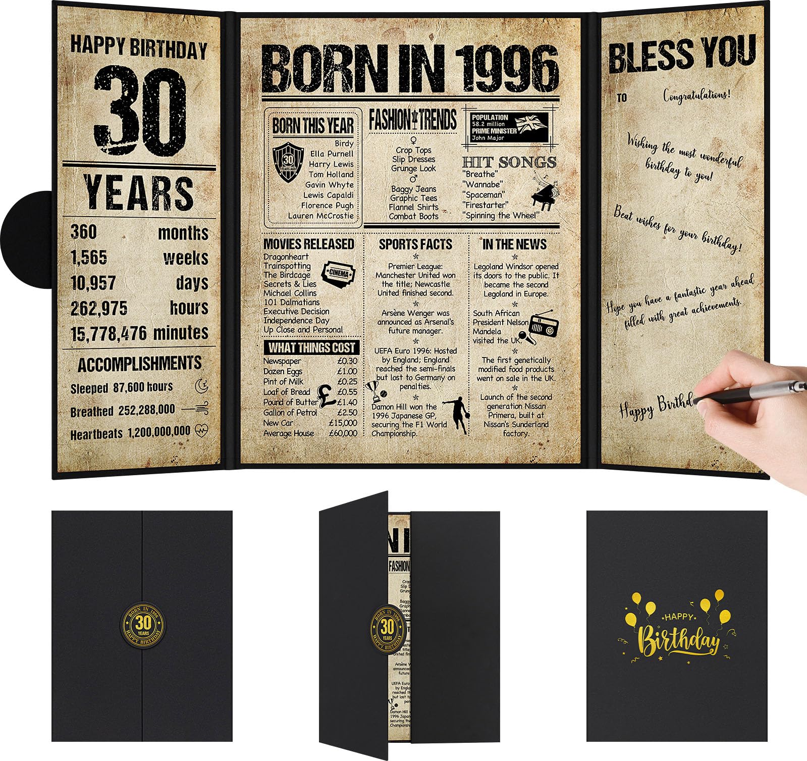 Benjia 30th Birthday Decoration, Bday Card Gift Guest Signing Book for Woman Man, Born in 1996 UK Poster Guestbook, 30 Years Old Signature Board, Vintage Birthday Party Decor for Mum Dad