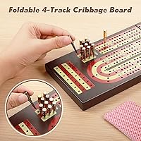 Vista 5 de Cribbage Board, Foldable 4-Track Cribbage Board Game Set, Solid Wood Game Board with 12 Brass Pegs & Felt-Lined Storage, for 2-4 Players, with