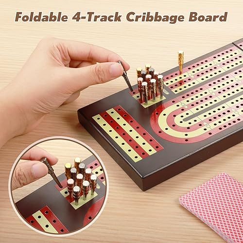 Miniatura 5 de Cribbage Board, Foldable 4-Track Cribbage Board Game Set, Solid Wood Game Board with 12 Brass Pegs & Felt-Lined Storage, for 2-4 Players, with