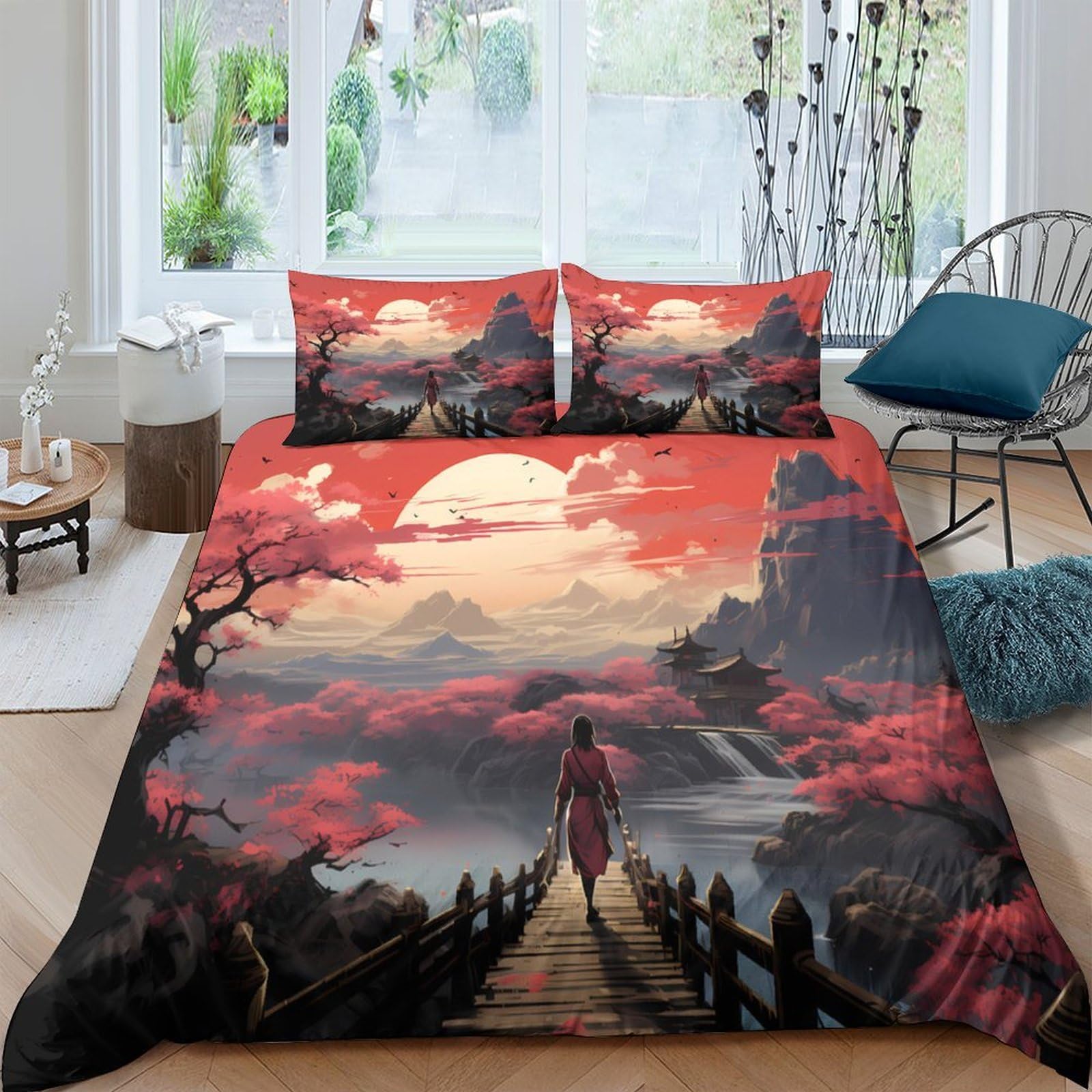 Ctjqhvkz Style-10 3D Printed Sakura Sunset Fitted Sheet Microfiber Soft Breathable Japanese Landscape Mattress Cover For Bedroom Guestroom Decor Single（135X200cm）