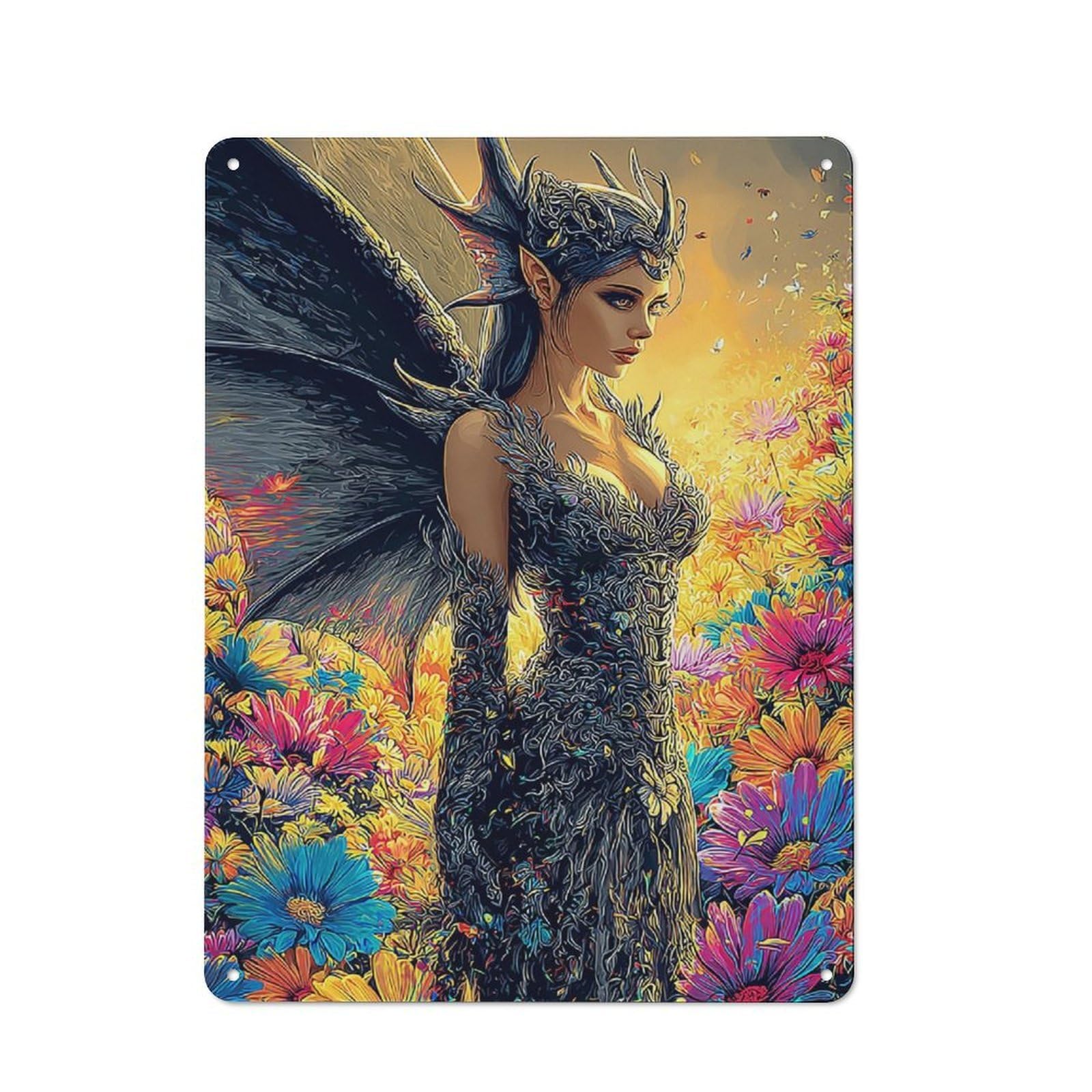 Junmoney Fantasy Winged Figure Amidst Flowers Tin Wall Plaque 40X30cm With For Home Office Or Studio, For Home Office Decor Fans