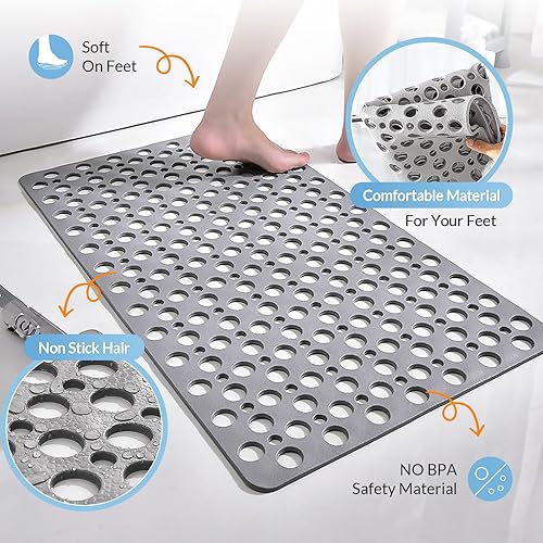 Miniatura 5 de Tapete antideslizante para bañera y ducha, 30 x 17 pulgadas, tapete de baño suave con ventosas y agujeros de drenaje más grandes, lavable a máquina