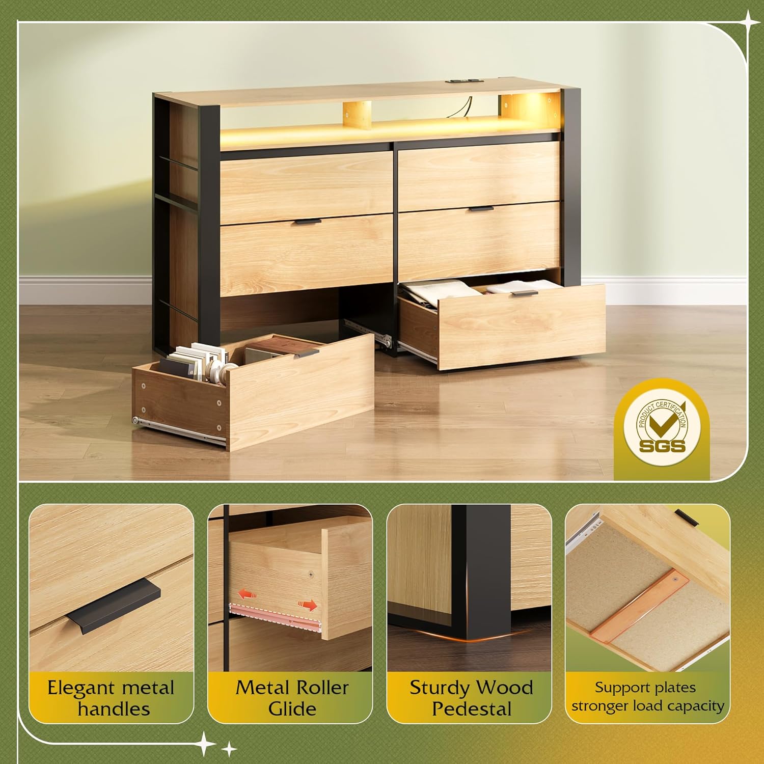 Dresser features including metal handles, roller glides, sturdy pedestal, and support plates
