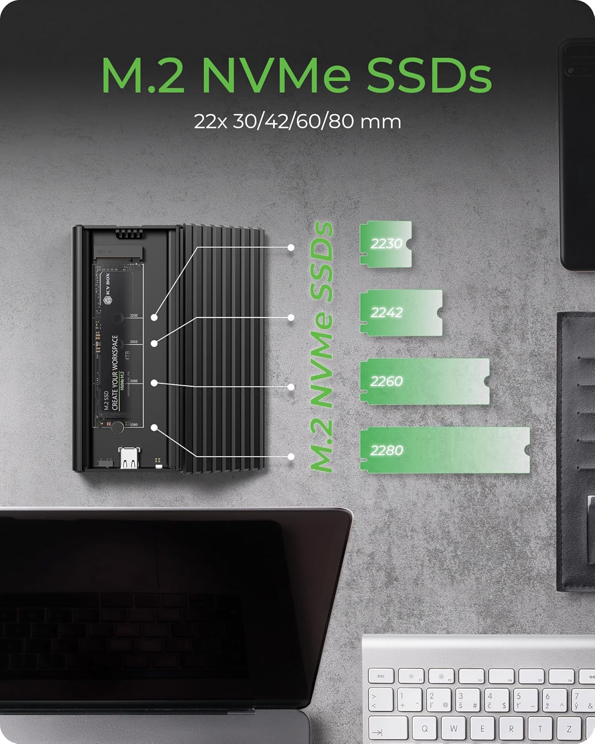 20Gbps M.2 NVMe SSD Enclosure, ICY BOX USB C External NVMe M.2 Enclosure with USB C 3.2 Gen 2x2, Tool-Free Case, Compatible with 2230/2242/2260/2280 Drives – Aluminum, Plug & Play - Image 3