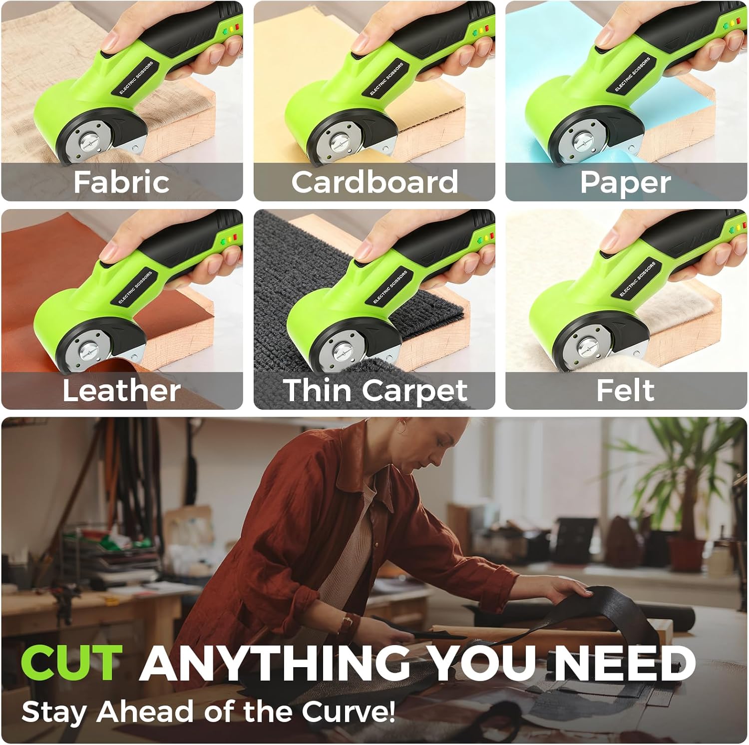 Cordless Cardboard Cutter with Safety Lock & LED – 4V Rechargeable, Extra Blade Included, Electric Box Cutter for Cardboard, Fabric Rotary Cutter for Wrapping Paper, Carpet & Leather