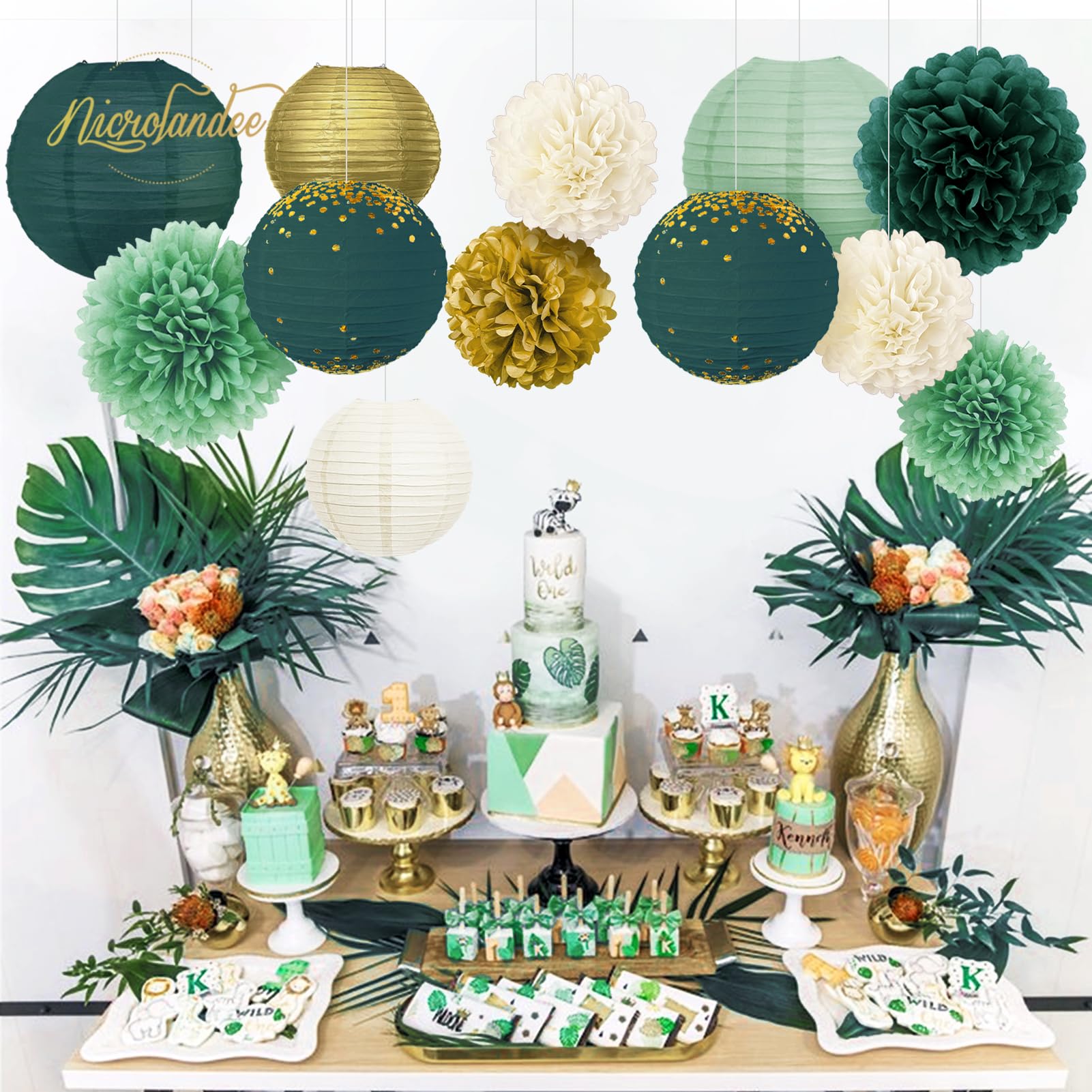 Lot De 28 Décorations Pompons Papier De Soie Vert - Mariage, Anniversaire, Fête Prénatale Rustique