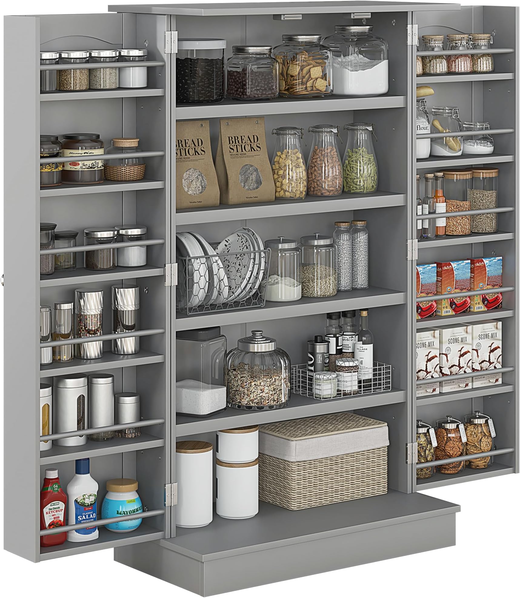 HOMCOM 41" Kitchen Pantry Storage Cabinet, Freestanding Kitchen Cabinet with 12 Door Shelves, Double Doors, 5-Tier Shelving and Adjustable Shelves, Gray
