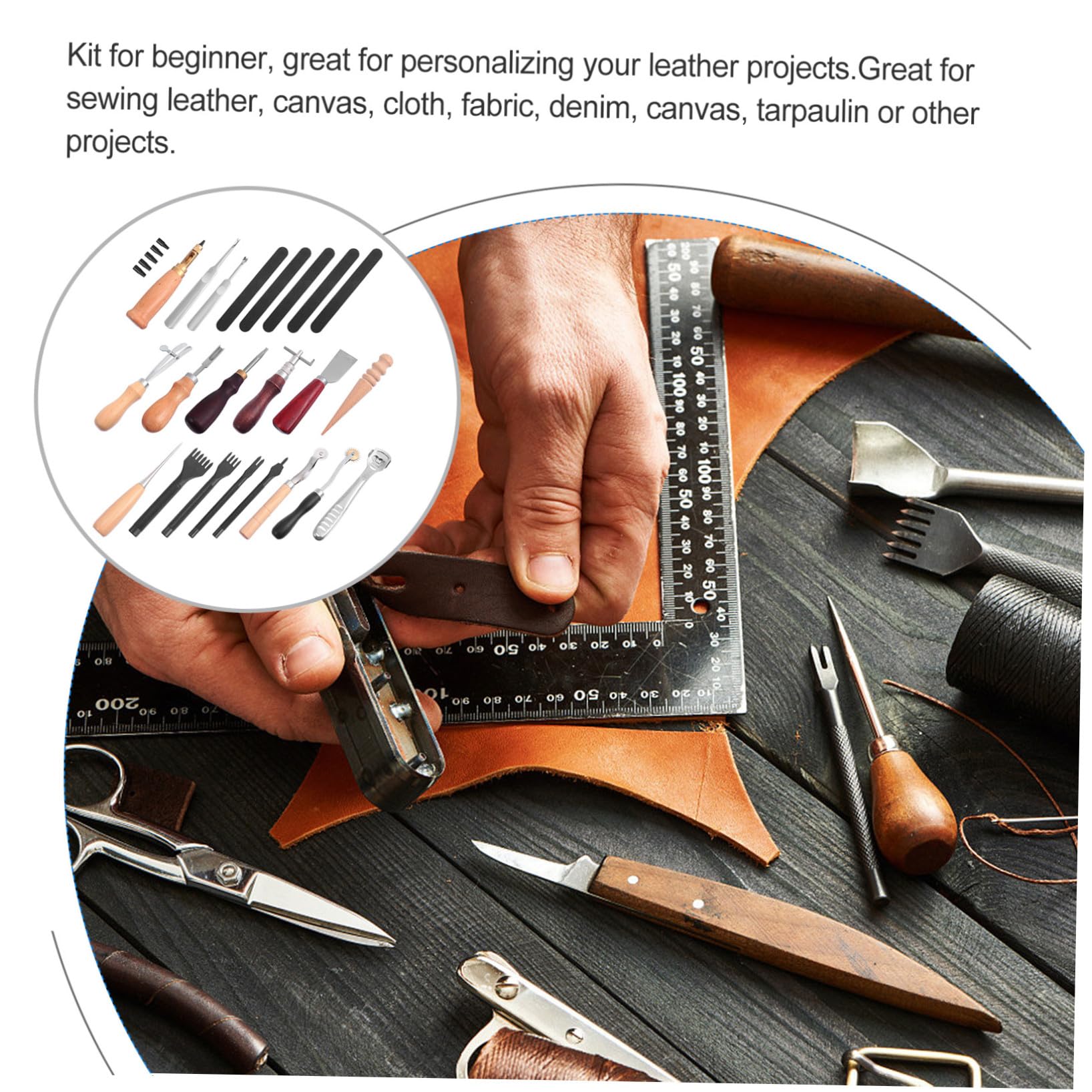 SEWOART Ensemble D'outils Travail du Cuir 18pcs Poinçon et Outils de Gravure en Métal et Bois pour Couture et Artisanat Cuir DIY