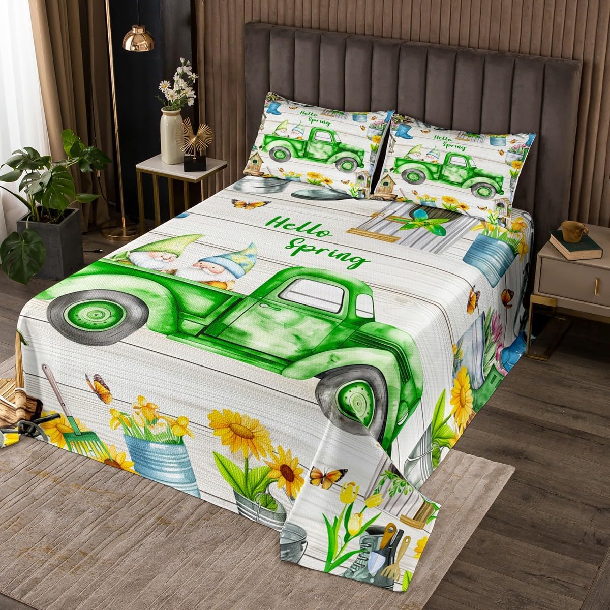 Homewish Green Truck Gnome Bedspread Twin Size,Rustic Retro Garden Bedding Set for Kids Boys Girls Room Decor,Sunflower Butterfly Spring Floral Coverlet Set 2Pcs,Barn Stripes Quilt,1 Pillowcase