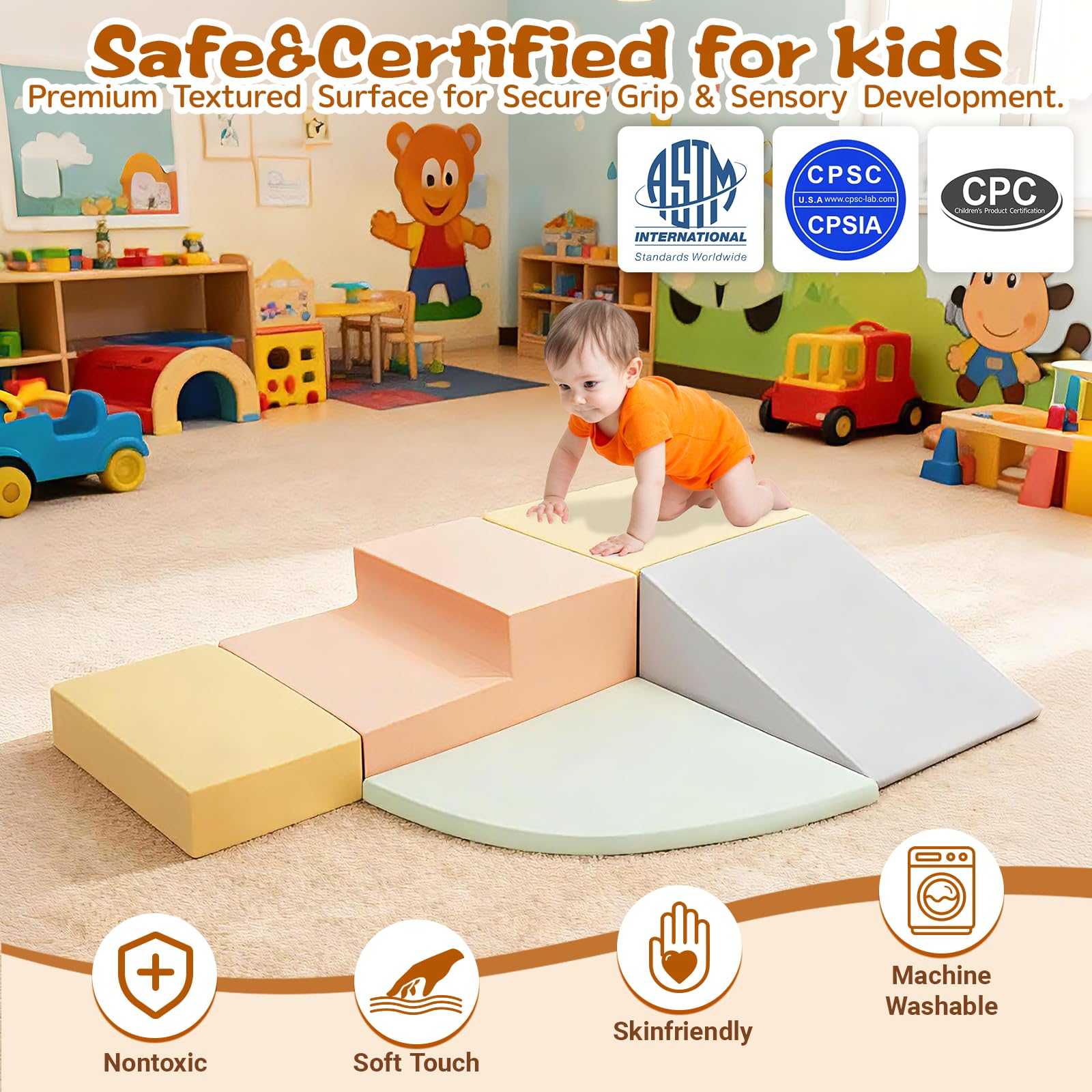 5TLG Softbausteine für Kleinkinder & Babys Schaumstoff Bausteine XXL, Soft Play mit Waschbare Hülle Groß Schaumstoffbausteine kletterblöcke Krabbellandschaft & Motorikspielzeug für Indoor-Spaß
