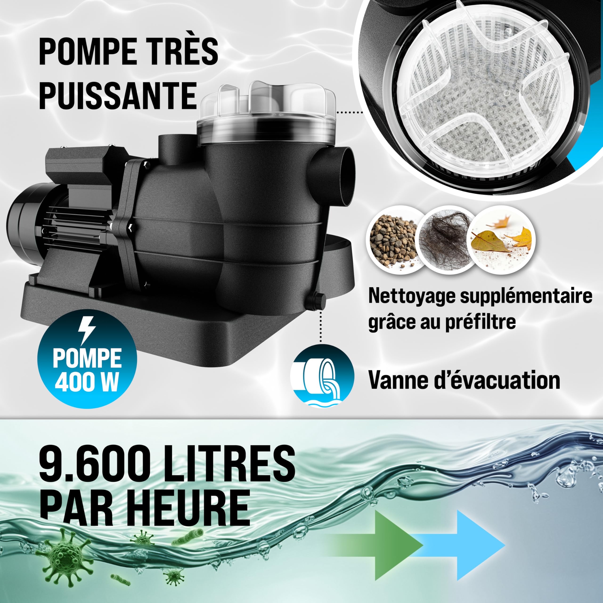 MONZANA® Pompe filtre à sable 9,6 m³ auto-amorçante pour piscines jusqu'à 30 m³ préfiltre vanne 7 voies raccord 2en1 Ø32-38mm système de filtration à sable