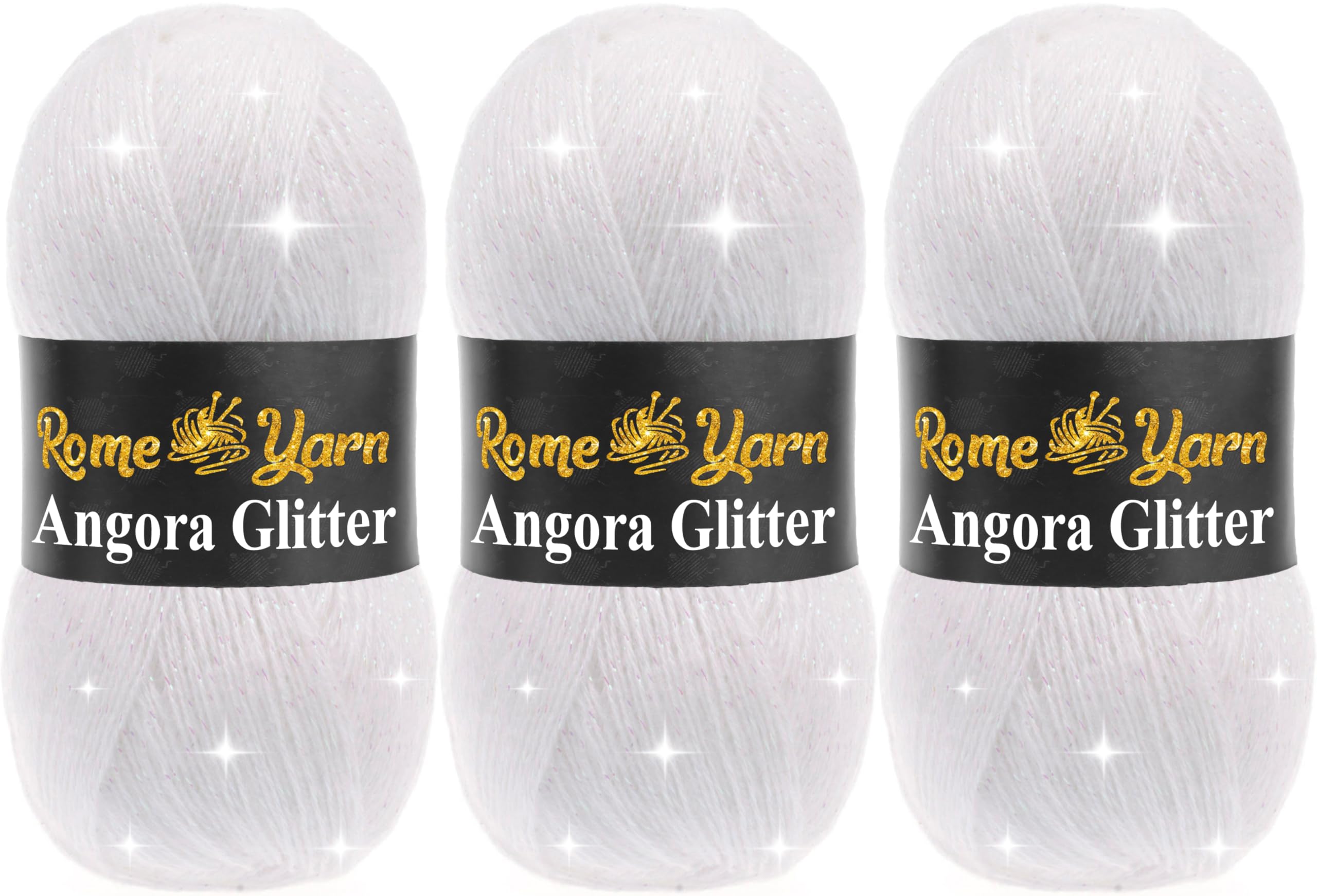 Rome Yarn Angora Glitter Yarn 3 Pack (3 x 100g) | Soft Metallic Sparkle Yarn | Acrylic Wool Blend | Knitting & Crochet | 500m Each (55 White)