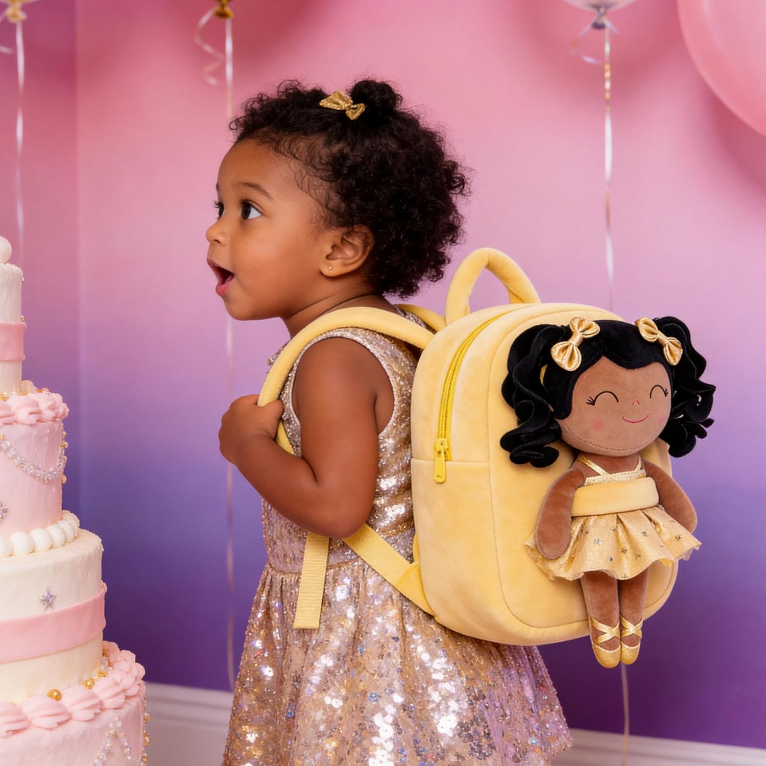 Gloveleya Toddler Backpack Baby Ballerina Girl Gifts Plush Curly Hair Ballet Backpack - Black Blonde 9 inches