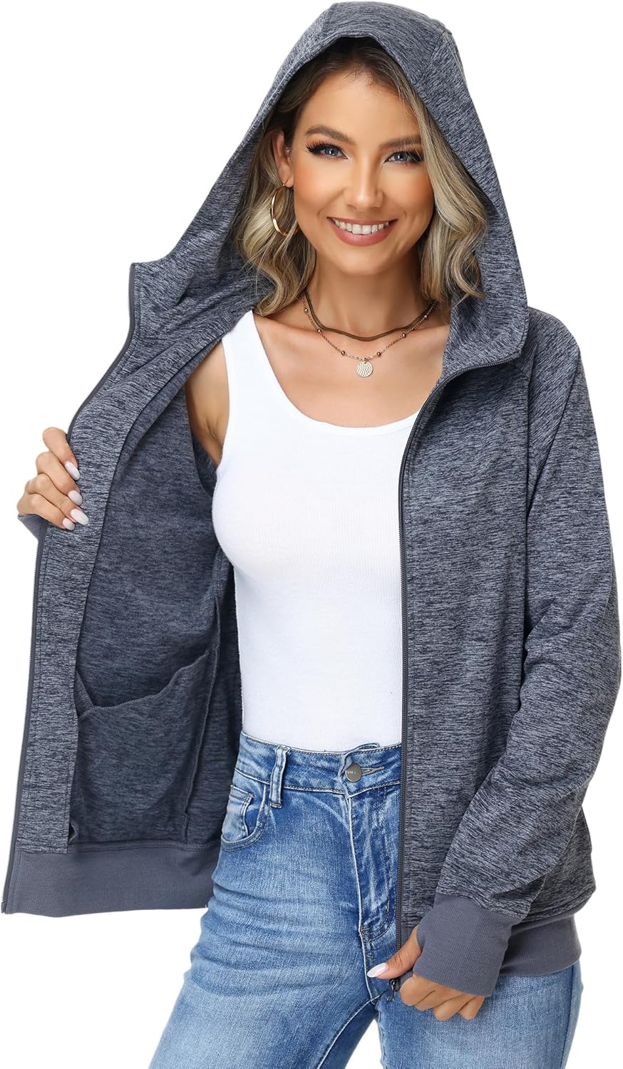 ANOTHER CHOICE Women Zip Up Sweater Speckled Jacket with Thumb Hole - Image 4