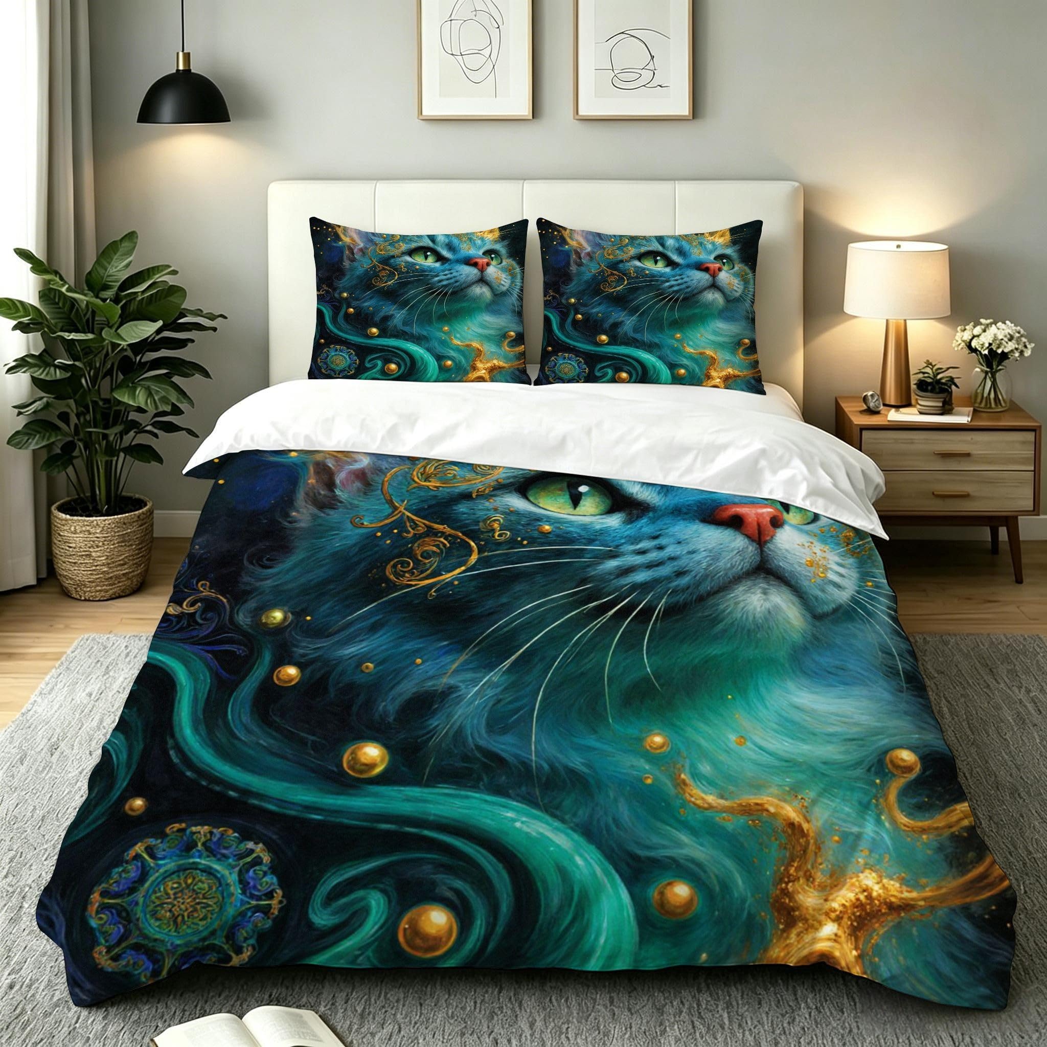 Housse de Couette 240x260 Chat Bleu Vert en Microfibre Premium