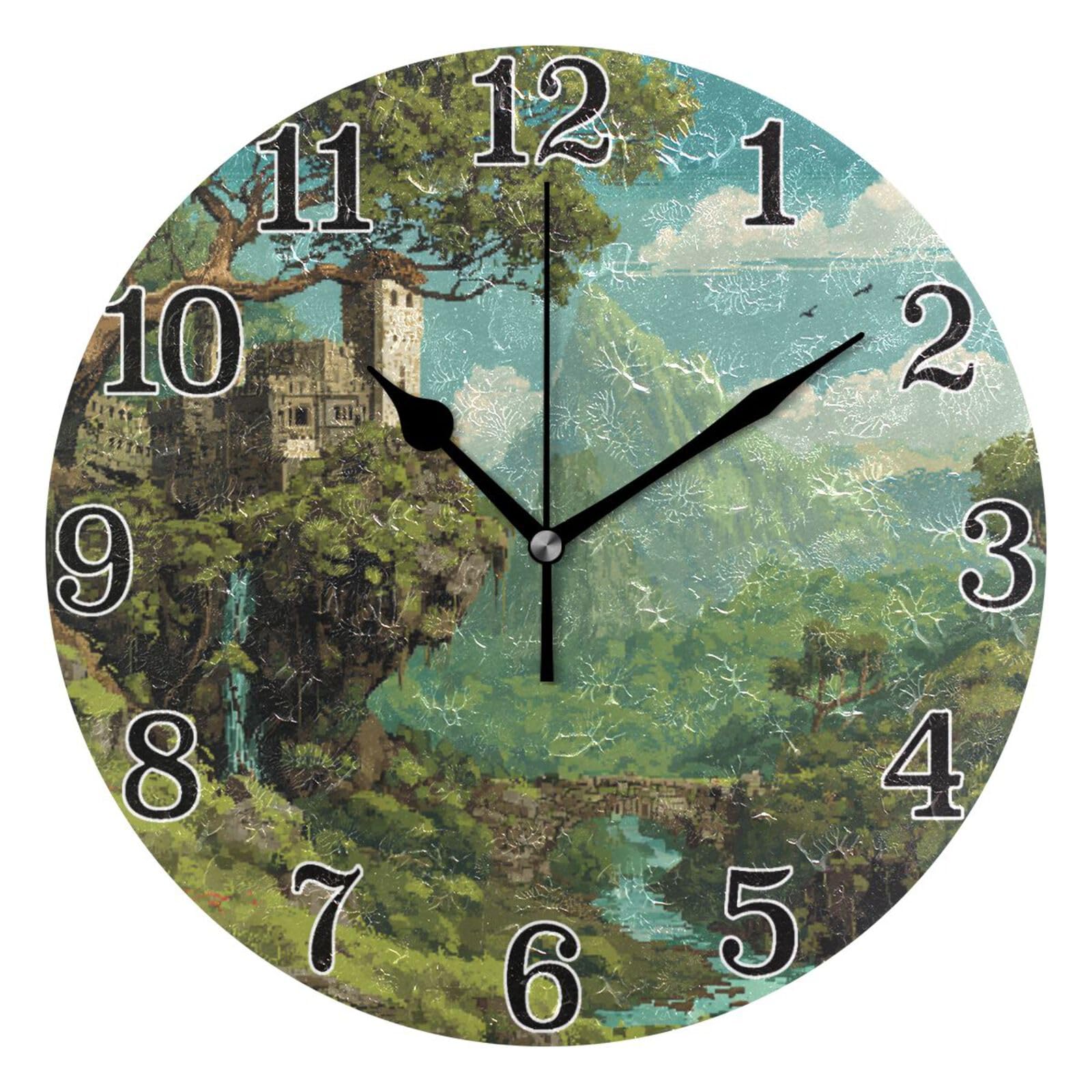 Horloge murale décorative ronde forêt fantastique impression pixel art