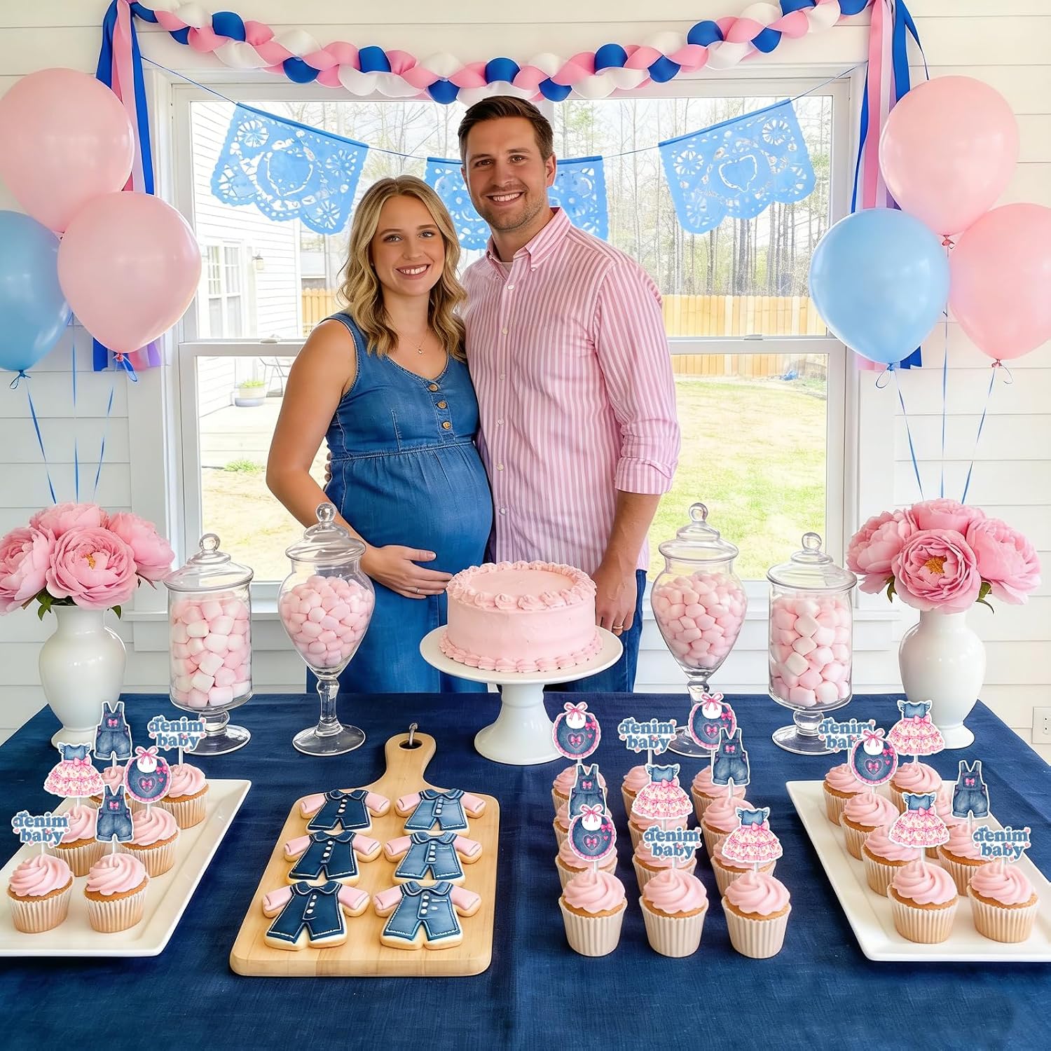 Denim Baby Shower Cupcake Toppers, 24pcs Pink Girl Cake Decorations with Dress, Overalls, Bib and Denim Baby Sign for Newborn or Baby Shower Party
