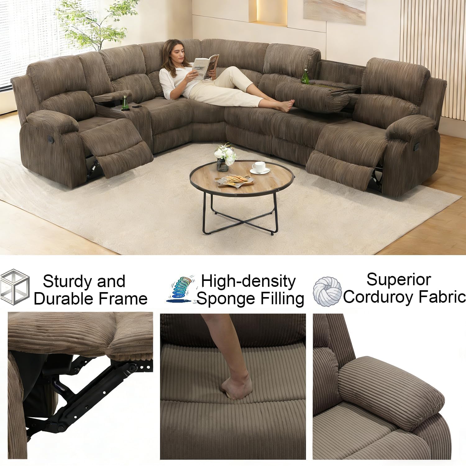 Corduroy Secitonal Couch with Recliner, Manual Reclining Sectional Sofa and 2 Chairs Set, 8 Seater Living Room Furniture Set with Cup Holders&Storage for Home Theater (Peanut)