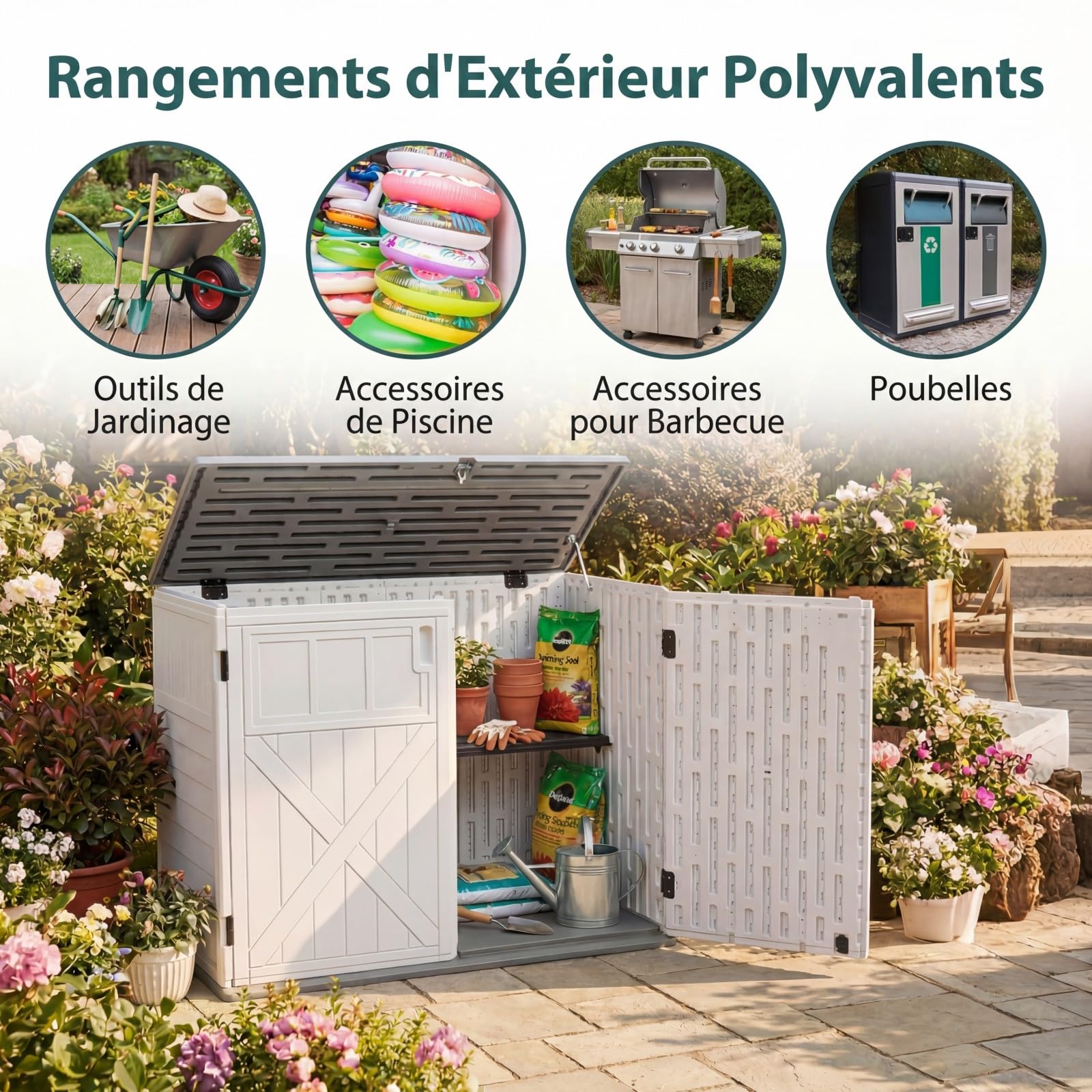 GYMAX Coffre de Rangement de Jardin Imperméable HDPE, 2 Étagères, Couvercle Relevable Verrouillable, Armoire Extérieure, 118 x 63 x 94 cm