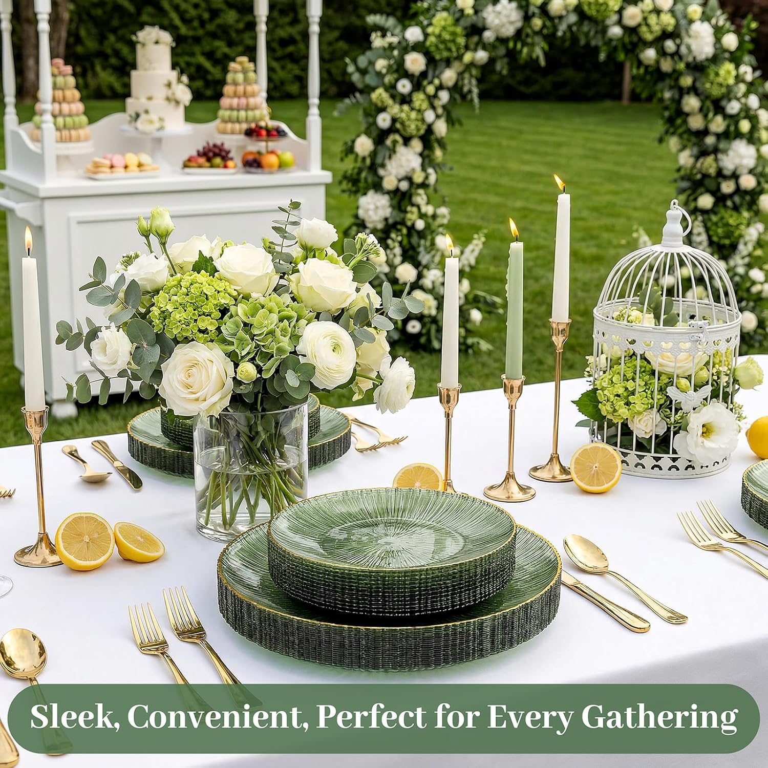 DaYammi 60Pcs Sage Green Plastic Plates with Gold Rim,Disposable Plates Set Includes 30 Dinner Plate & 30 Salad Plate,Fancy Green Party Plates with Radial Texture for Party Wedding Dinner Easter